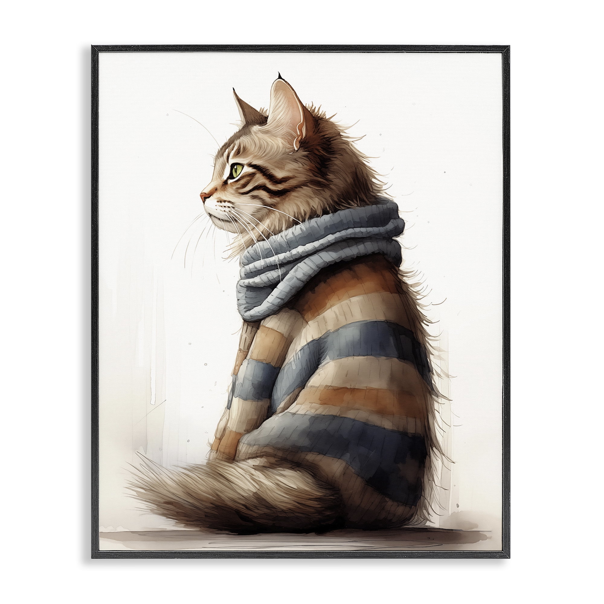 Stupell Industries Cat in Striped Sweater Animals & Insects Painting Black Framed Art Print Wall Art, 24 x 30