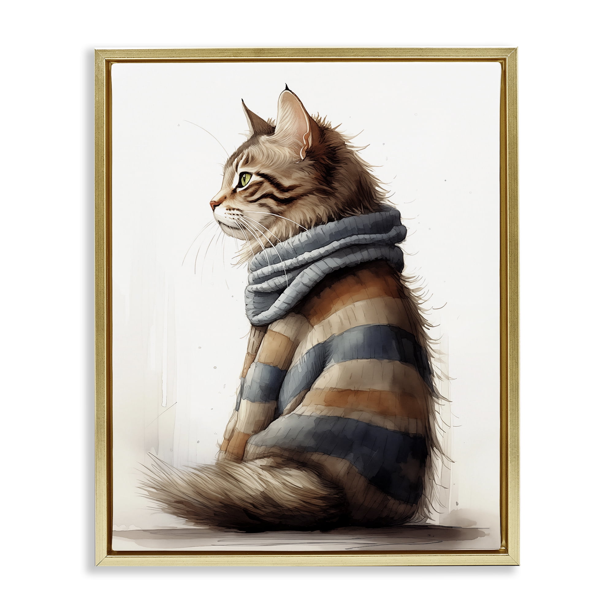 Stupell Industries Cat in Striped Sweater Animals & Insects Painting Gold Floater Framed Canvas Art Print Wall Art, 17 x 21