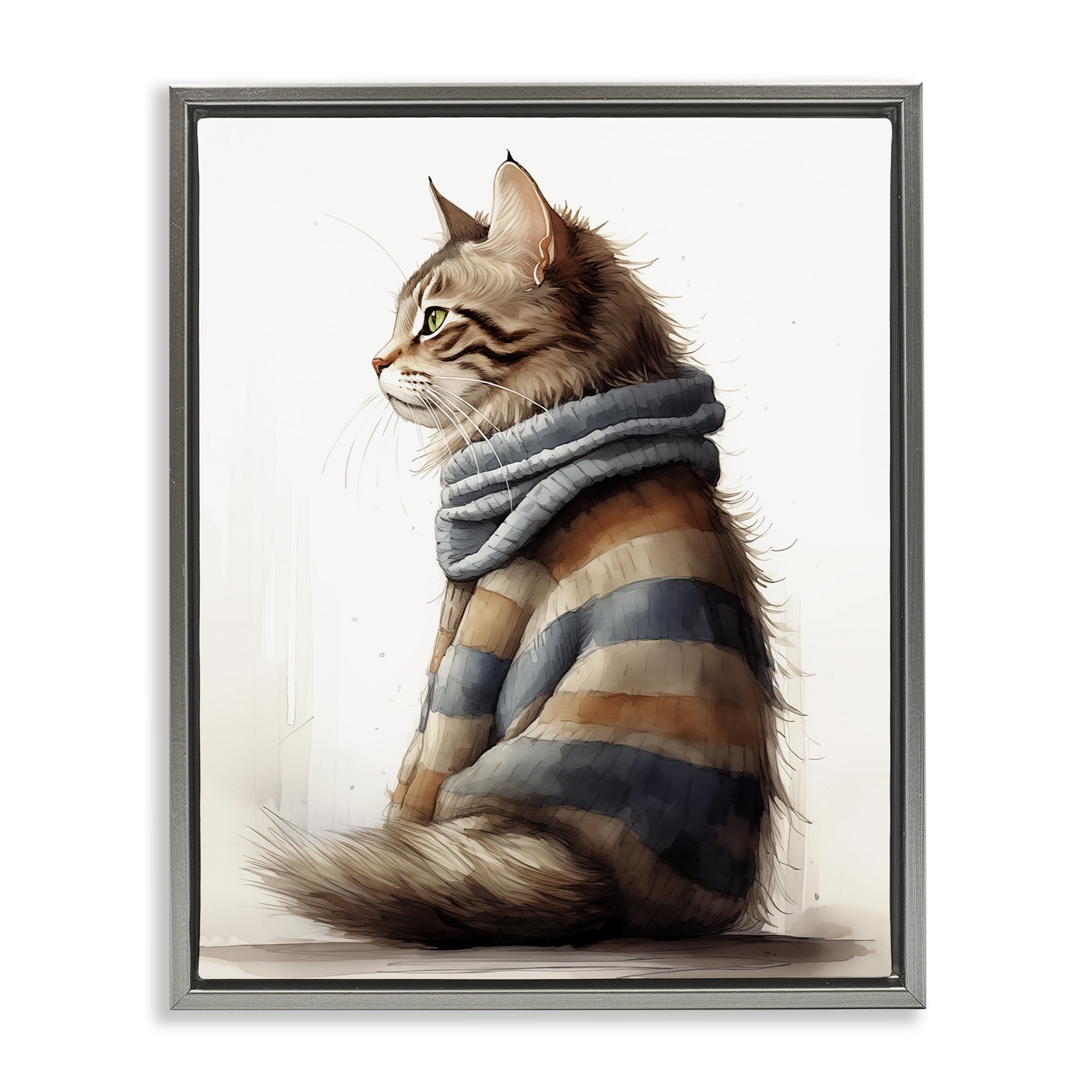 Stupell Industries Cat in Striped Sweater Animals & Insects Painting Gray Floater Framed Canvas Art Print Wall Art, 17 x 21