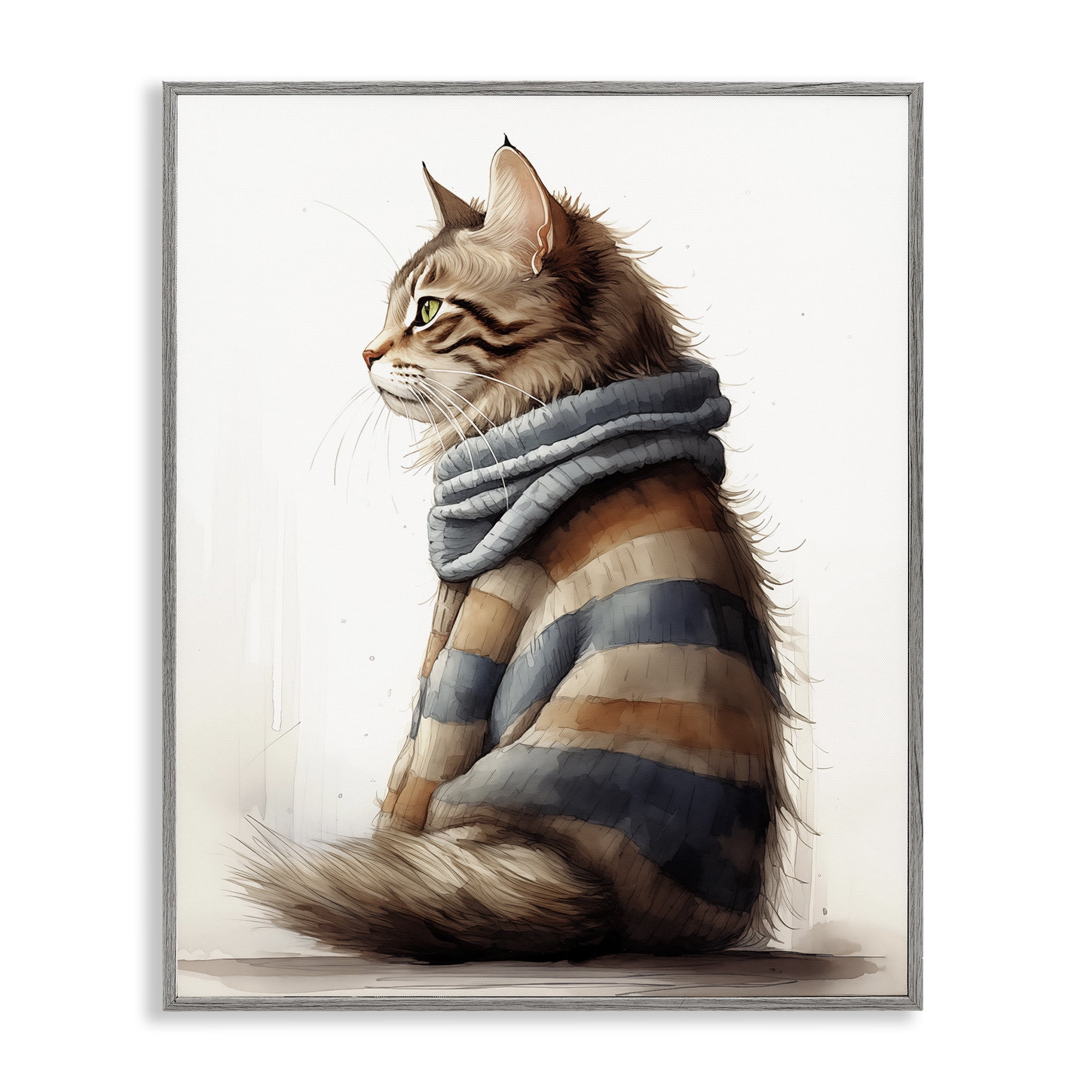 Stupell Industries Cat in Striped Sweater Animals & Insects Painting Gray Framed Art Print Wall Art, 16 x 20