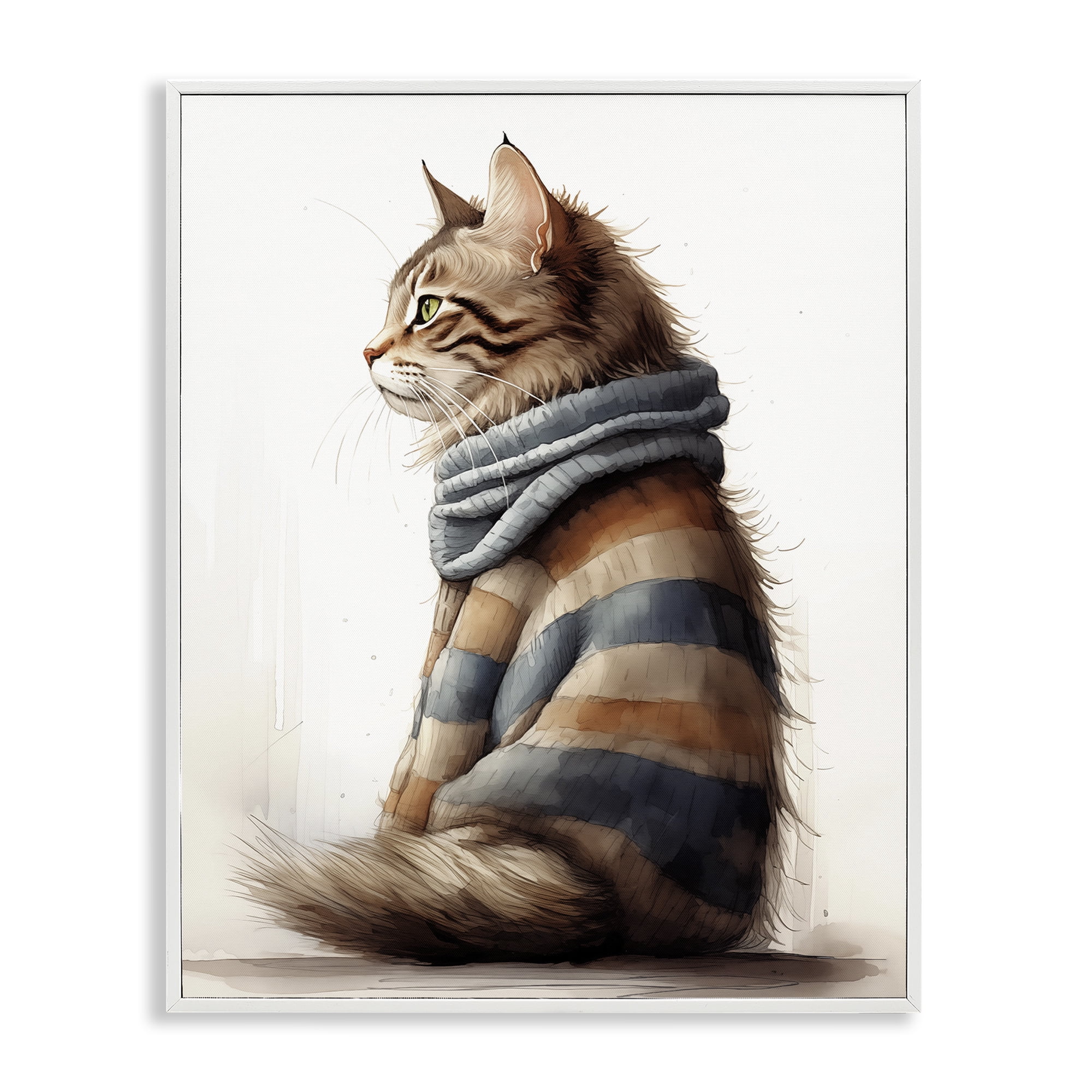 Stupell Industries Cat in Striped Sweater Animals & Insects Painting White Framed Art Print Wall Art, 16 x 20