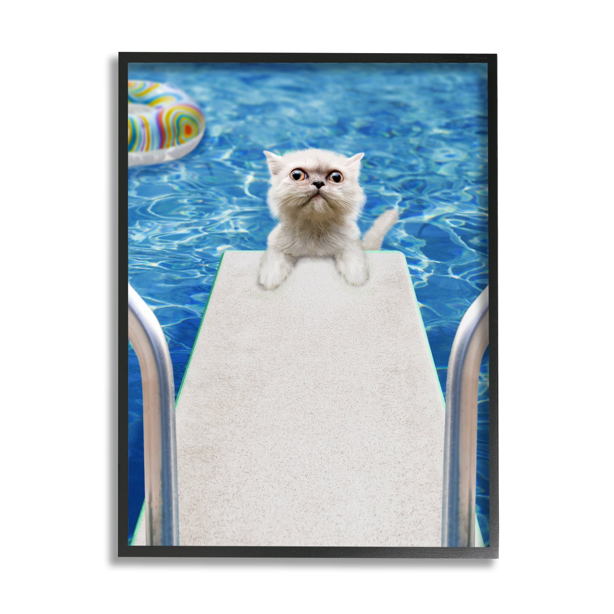 Stupell Industries Cat on Diving Board Animals & Insects Painting Black Framed Art Print Wall Art, 24 x 30