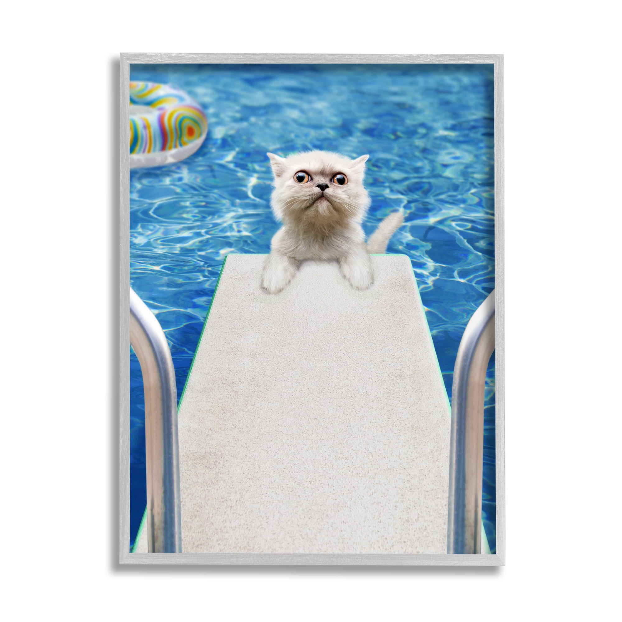 Stupell Industries Cat on Diving Board Animals & Insects Painting Gray Framed Art Print Wall Art, 24 x 30