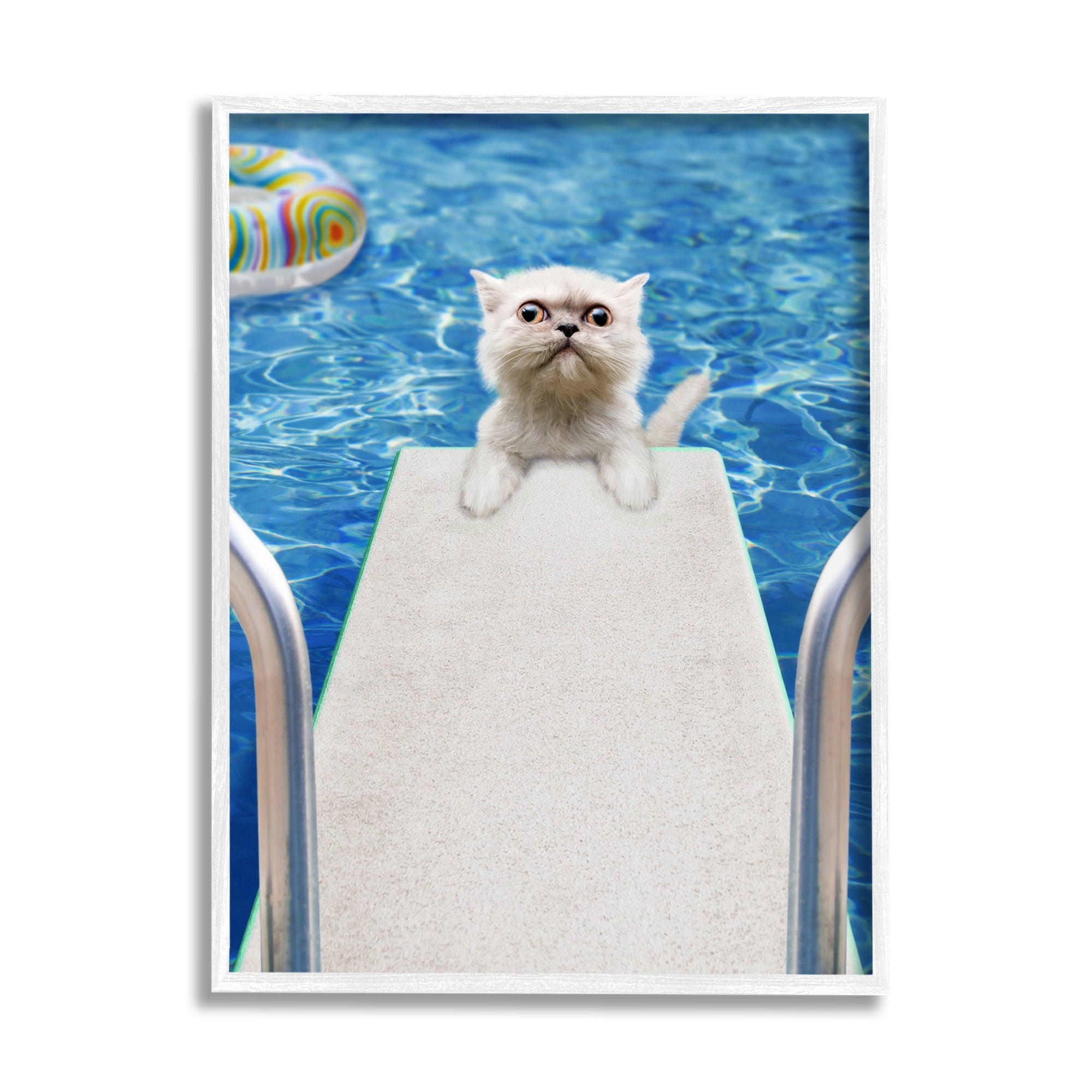 Stupell Industries Cat on Diving Board Animals & Insects Painting White Framed Art Print Wall Art, 11 x 14