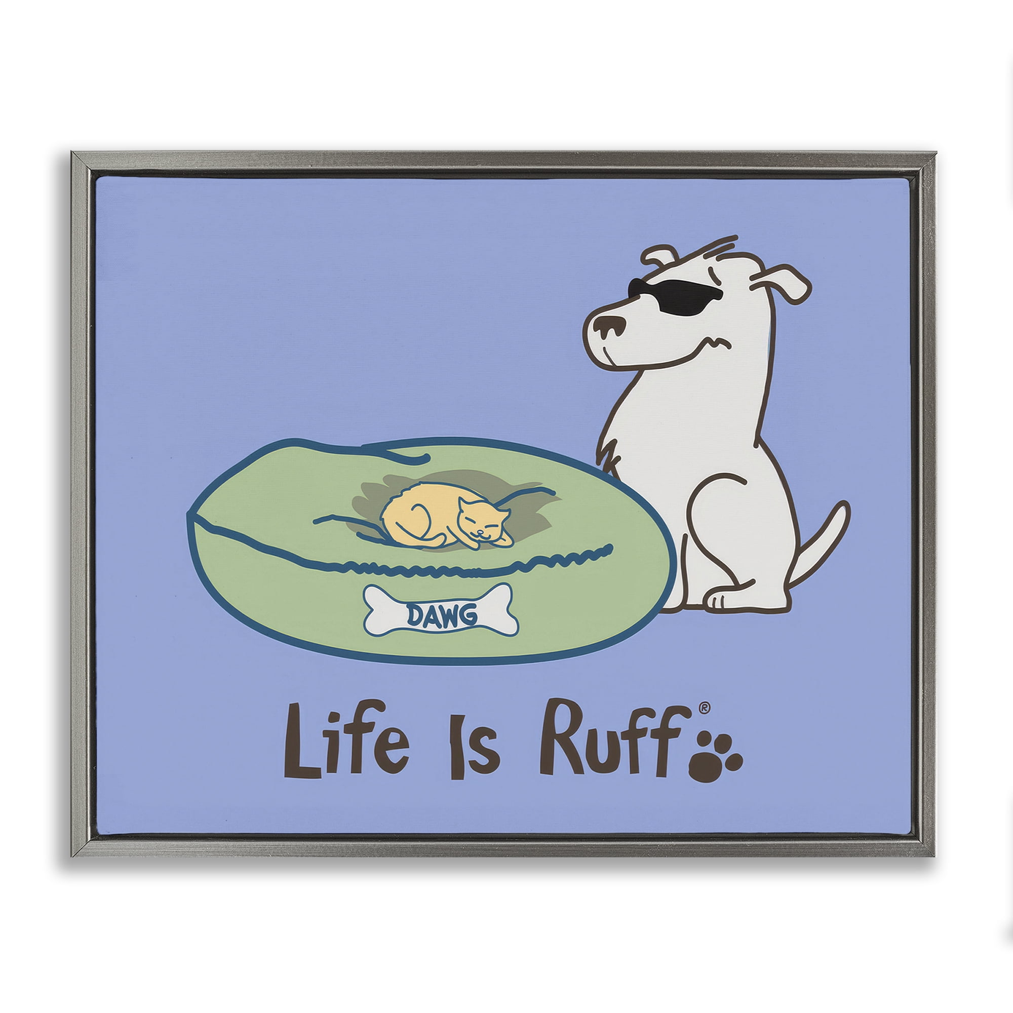 Stupell Industries Cat on Dog Bed Animals Painting Gray Floater Framed Canvas Art Print Wall Art, 31 x 25