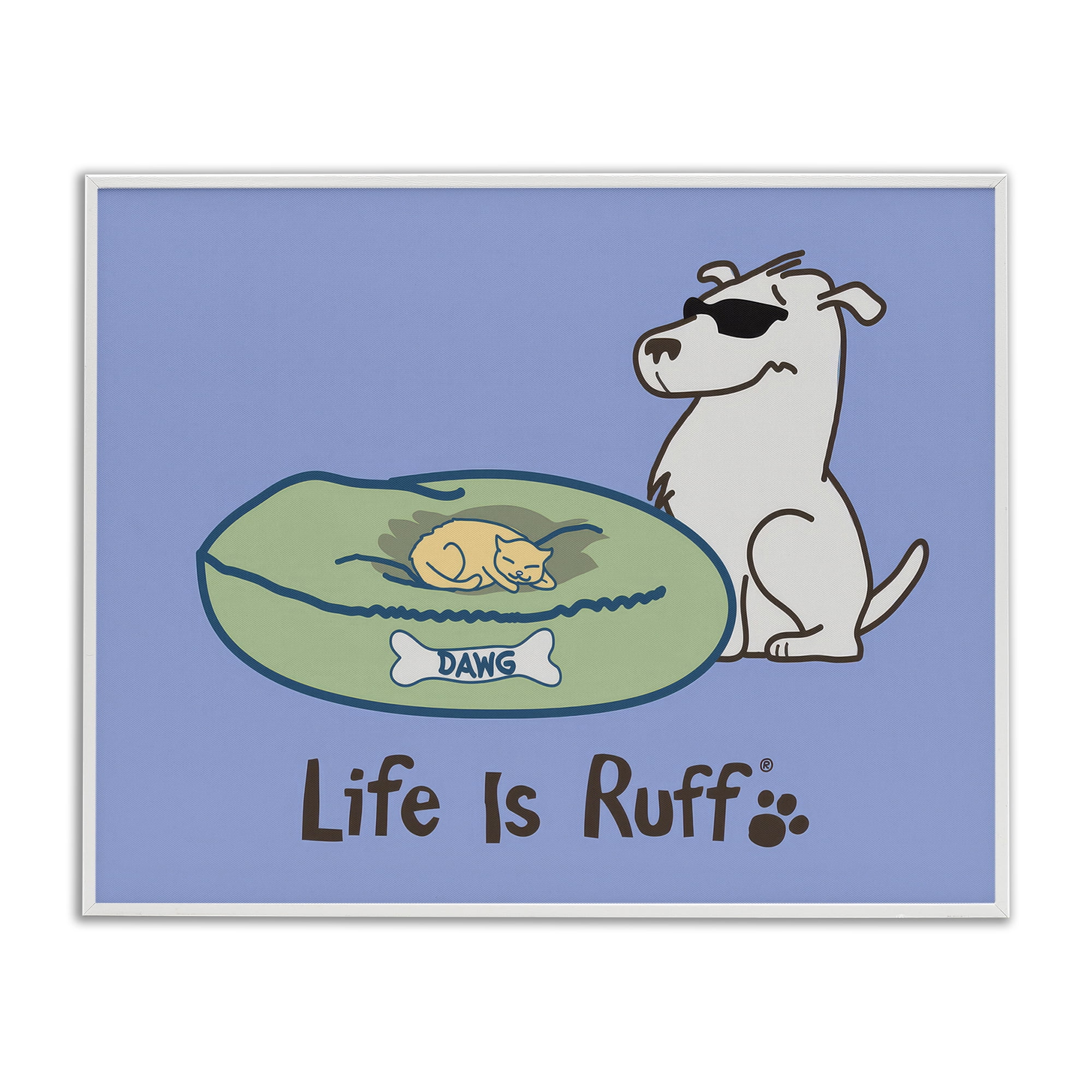 Stupell Industries Cat on Dog Bed Animals Painting White Framed Art Print Wall Art, 30 x 24
