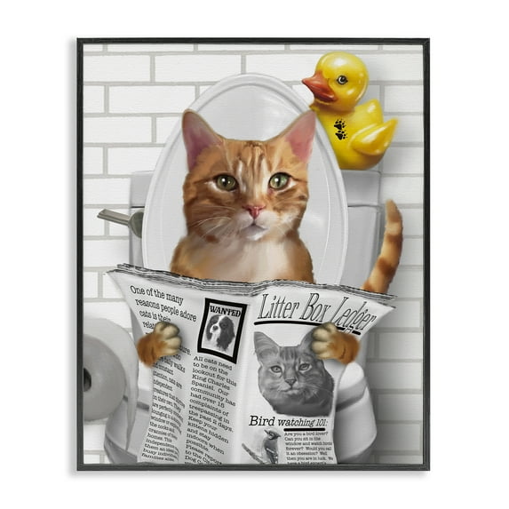 Stupell Industries Cat on Toilet with Ducky Black Framed Giclee Art design by Matthew Piotrowicz, 30 x 24