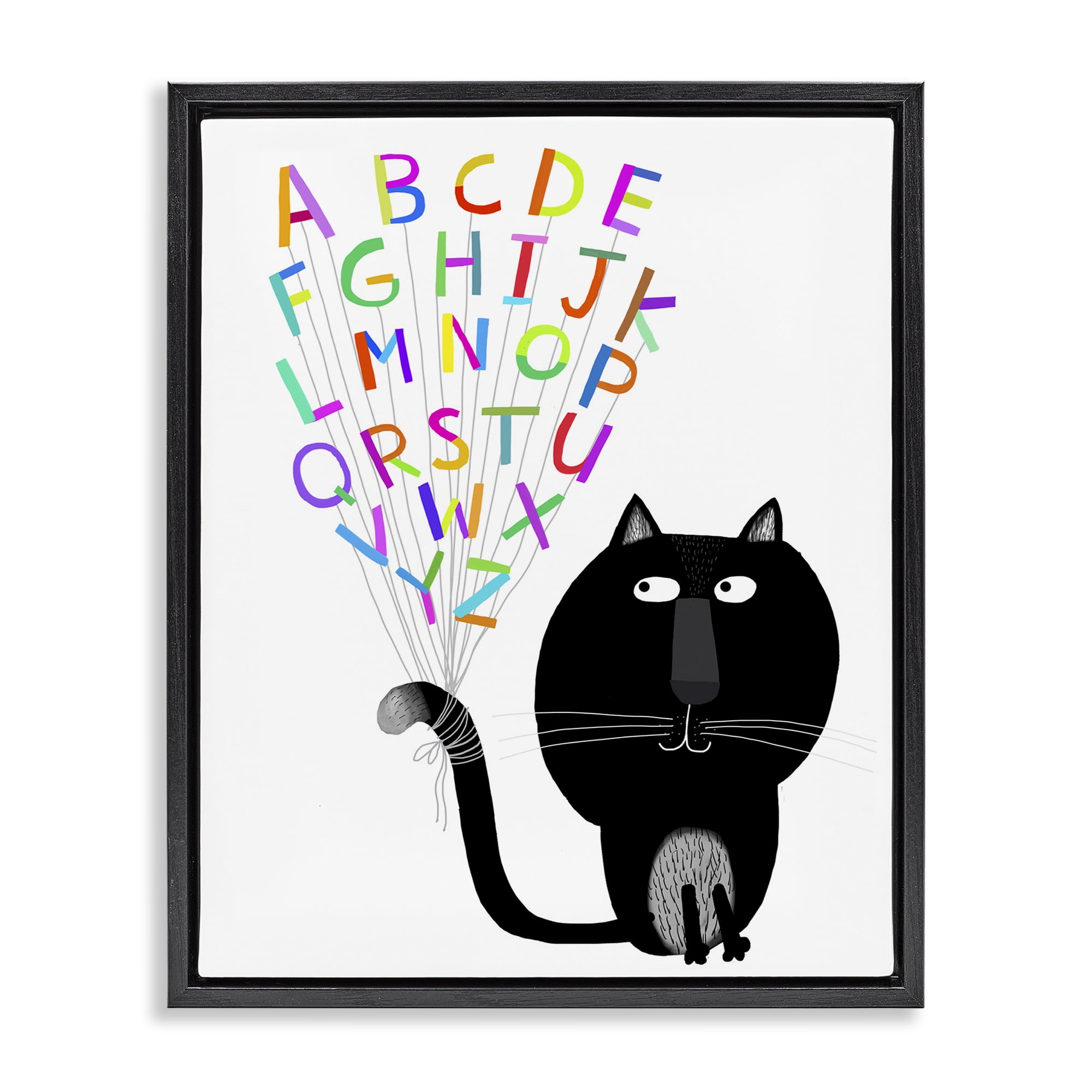 Stupell Industries Cat with Alphabet Animals & Insects Painting Black Floater Framed Art Print Wall Art, 25 x 31
