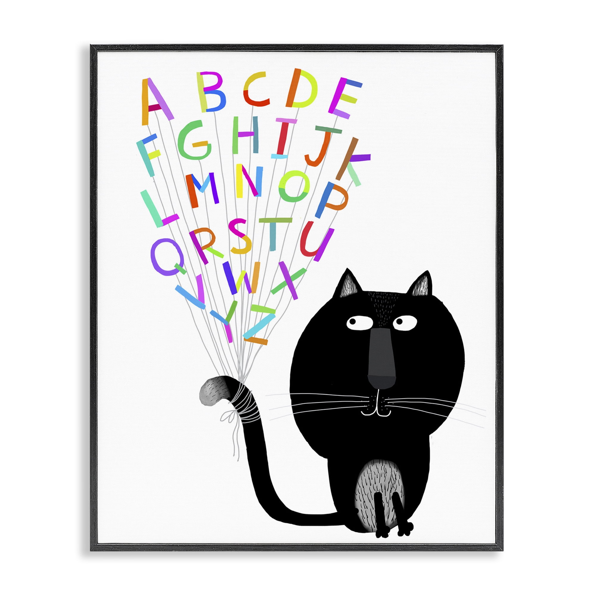 Stupell Industries Cat with Alphabet Animals & Insects Painting Black Framed Art Print Wall Art, 16 x 20