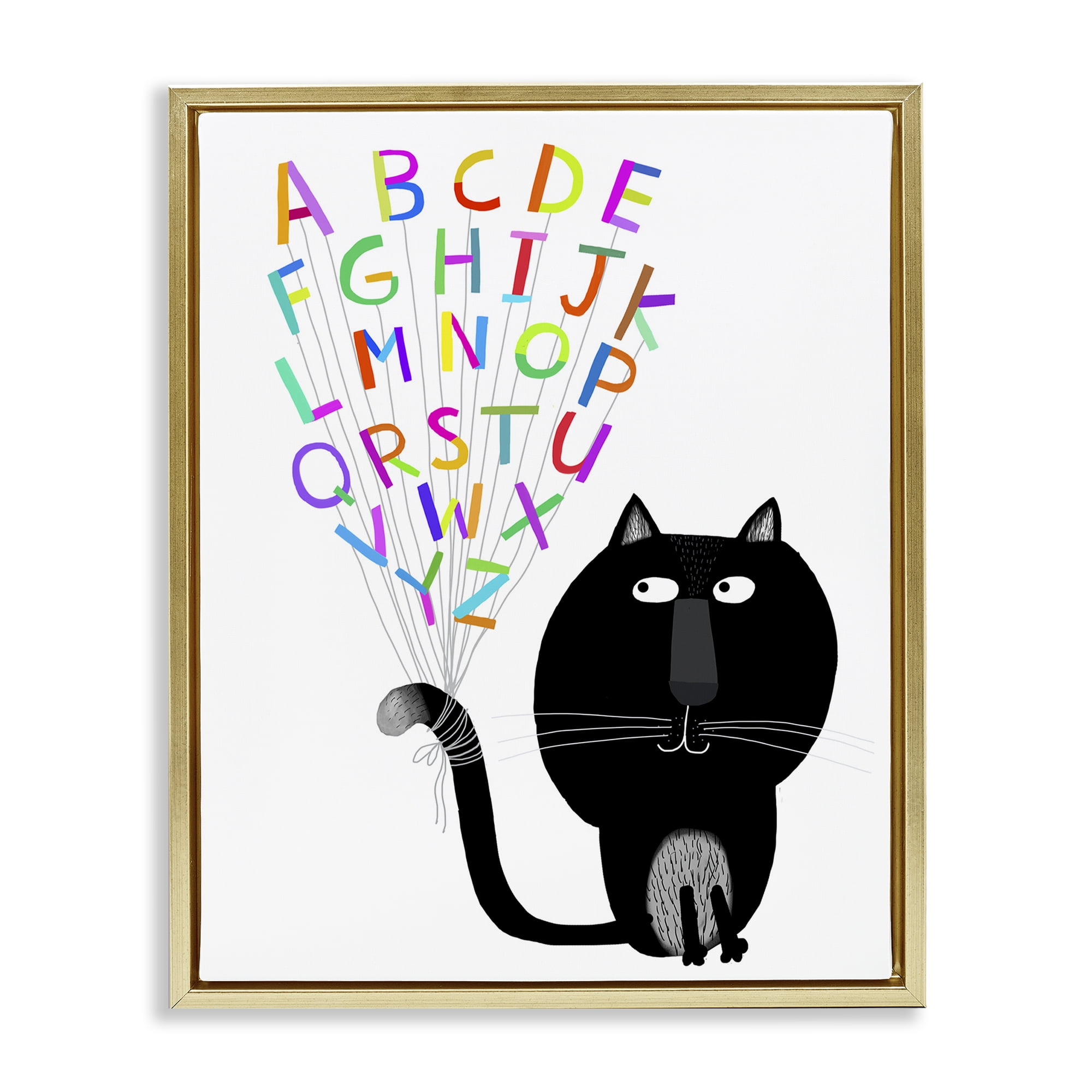 Stupell Industries Cat with Alphabet Animals & Insects Painting Gold Floater Framed Art Print Wall Art, 25 x 31