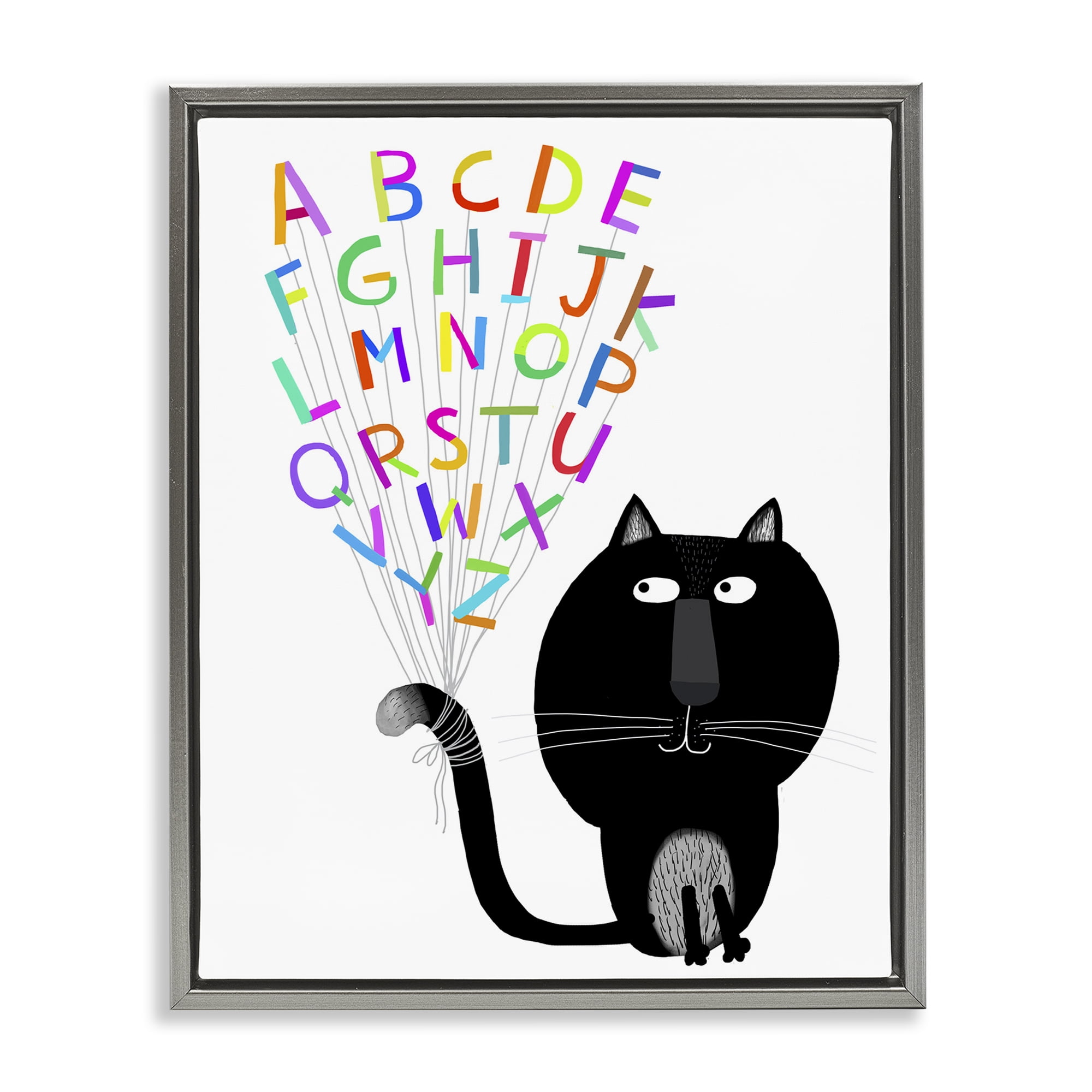 Stupell Industries Cat with Alphabet Animals & Insects Painting Gray Floater Framed Art Print Wall Art, 17 x 21