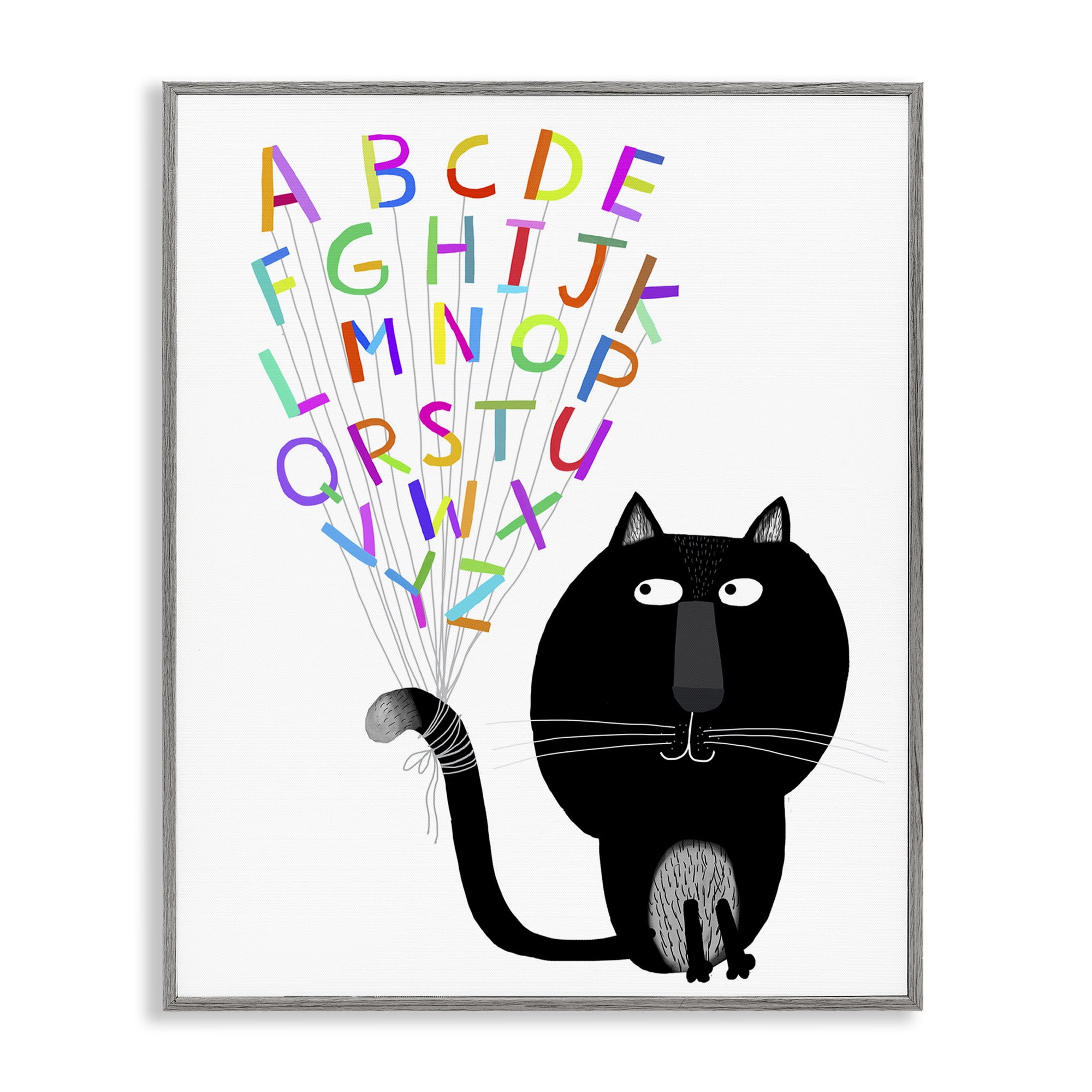 Stupell Industries Cat with Alphabet Animals & Insects Painting Gray Framed Art Print Wall Art, 11 x 14
