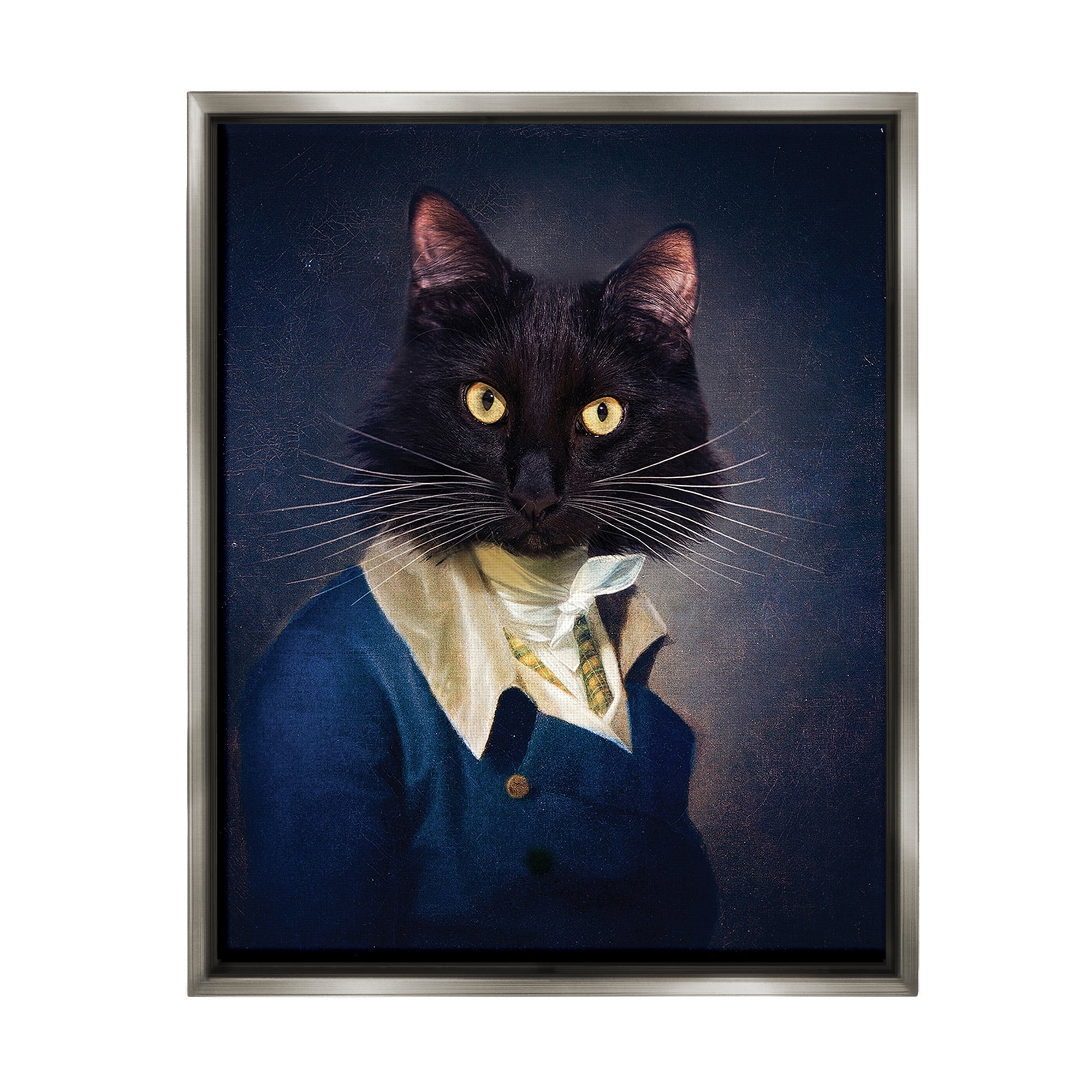 Stupell Industries Cat with Colonial Fashion Animals & Insects Painting Gray Floater Framed Canvas Art Print Wall Art, 25 x 31