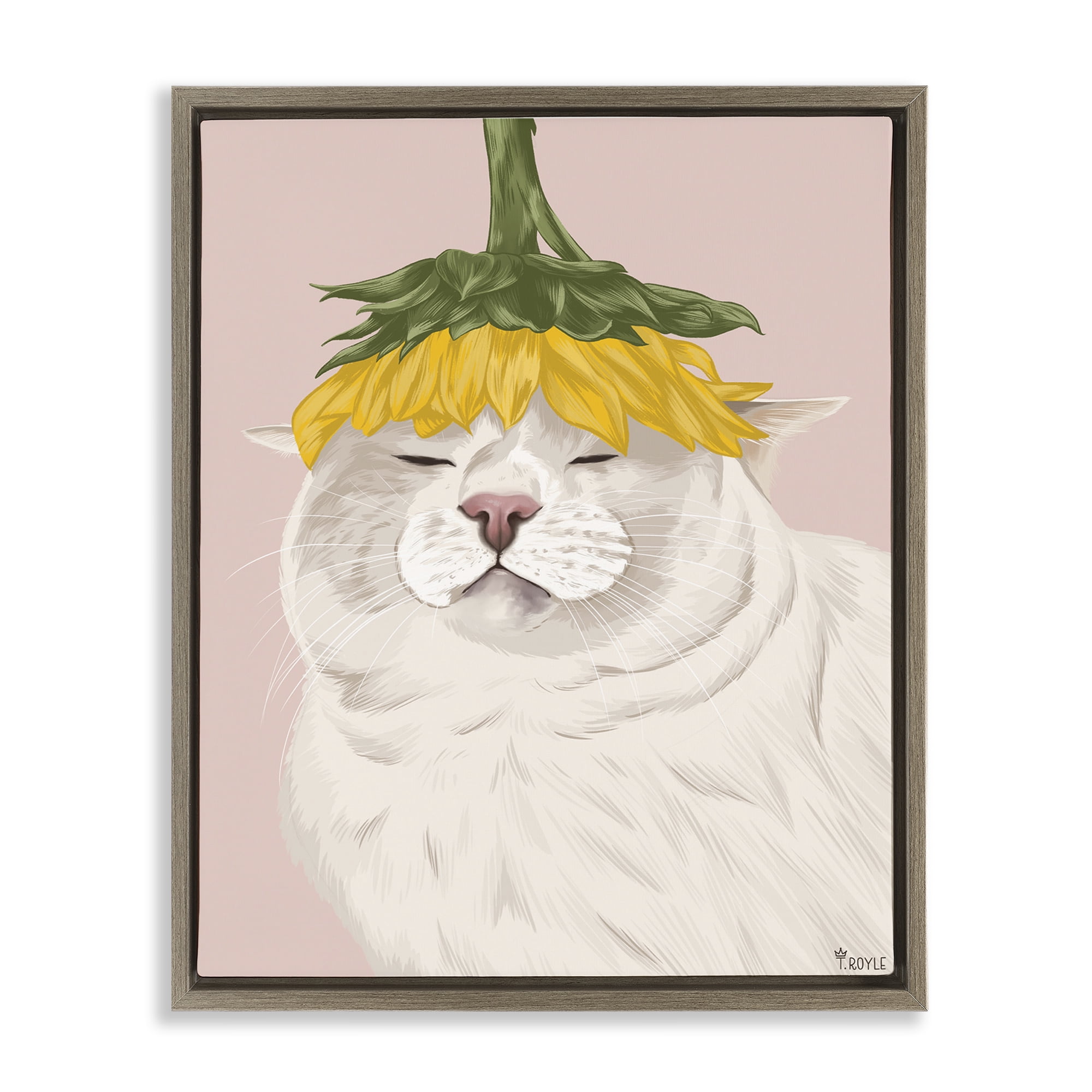Stupell Industries Cat with Daisy on Head Animals & Insects Painting Brown Floater Framed Canvas Art Print Wall Art, 25 x 31