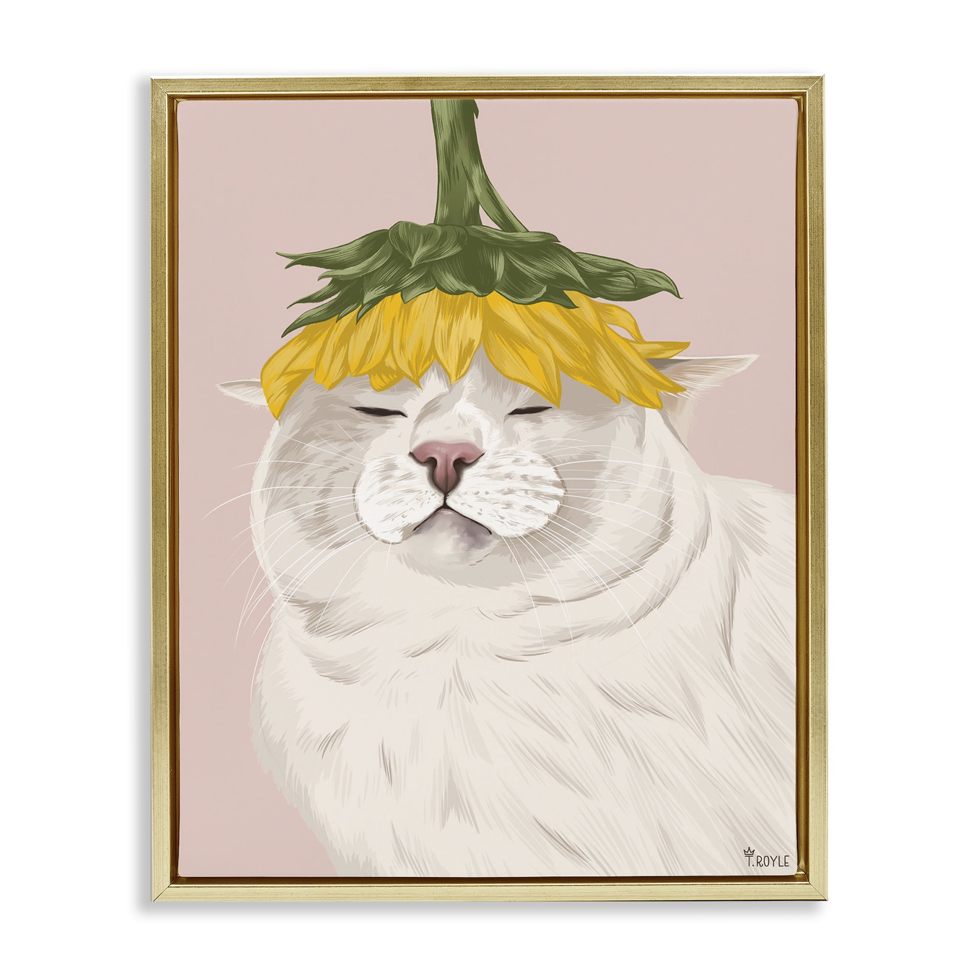 Stupell Industries Cat with Daisy on Head Animals & Insects Painting Gold Floater Framed Canvas Art Print Wall Art, 25 x 31