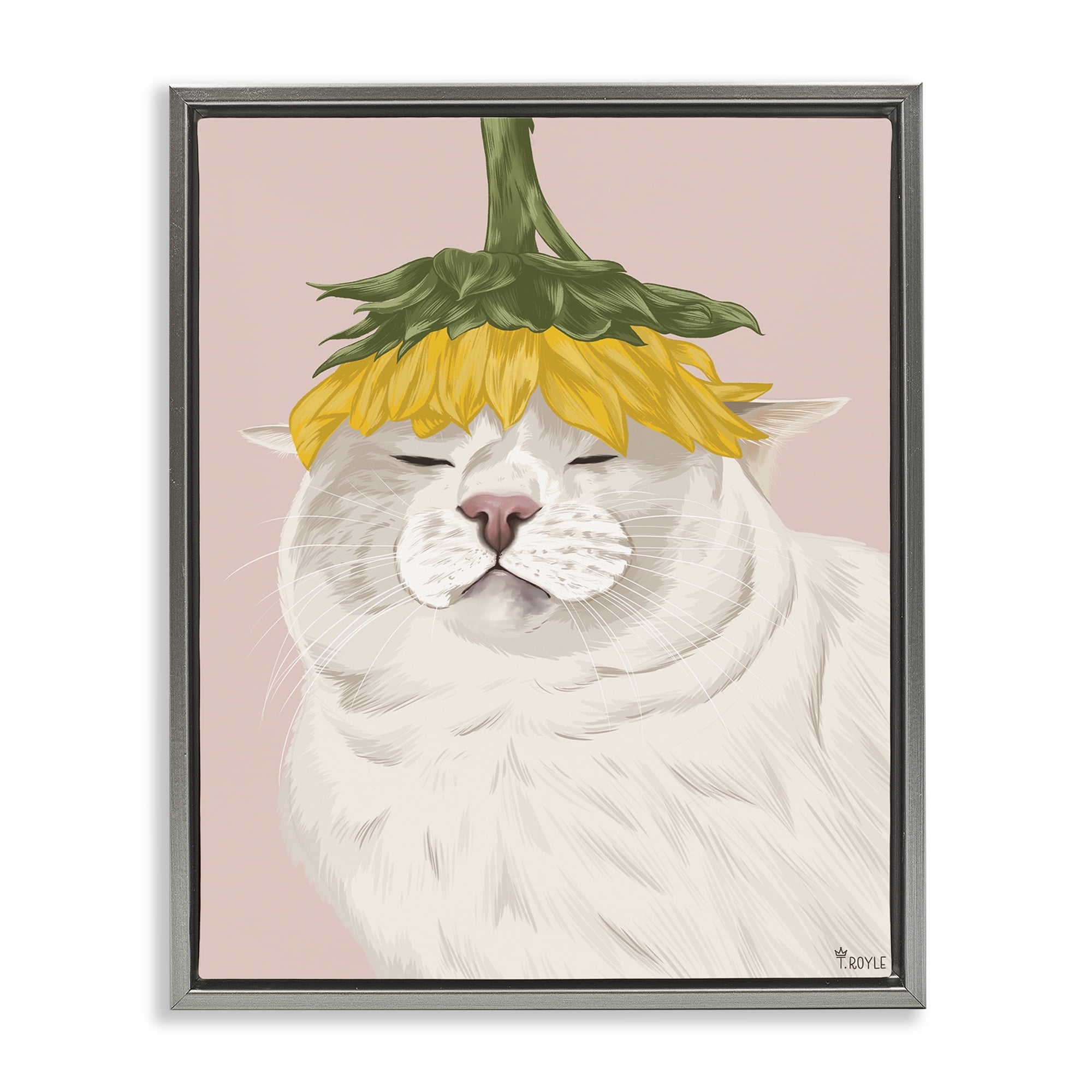Stupell Industries Cat with Daisy on Head Animals & Insects Painting Gray Floater Framed Canvas Art Print Wall Art, 25 x 31