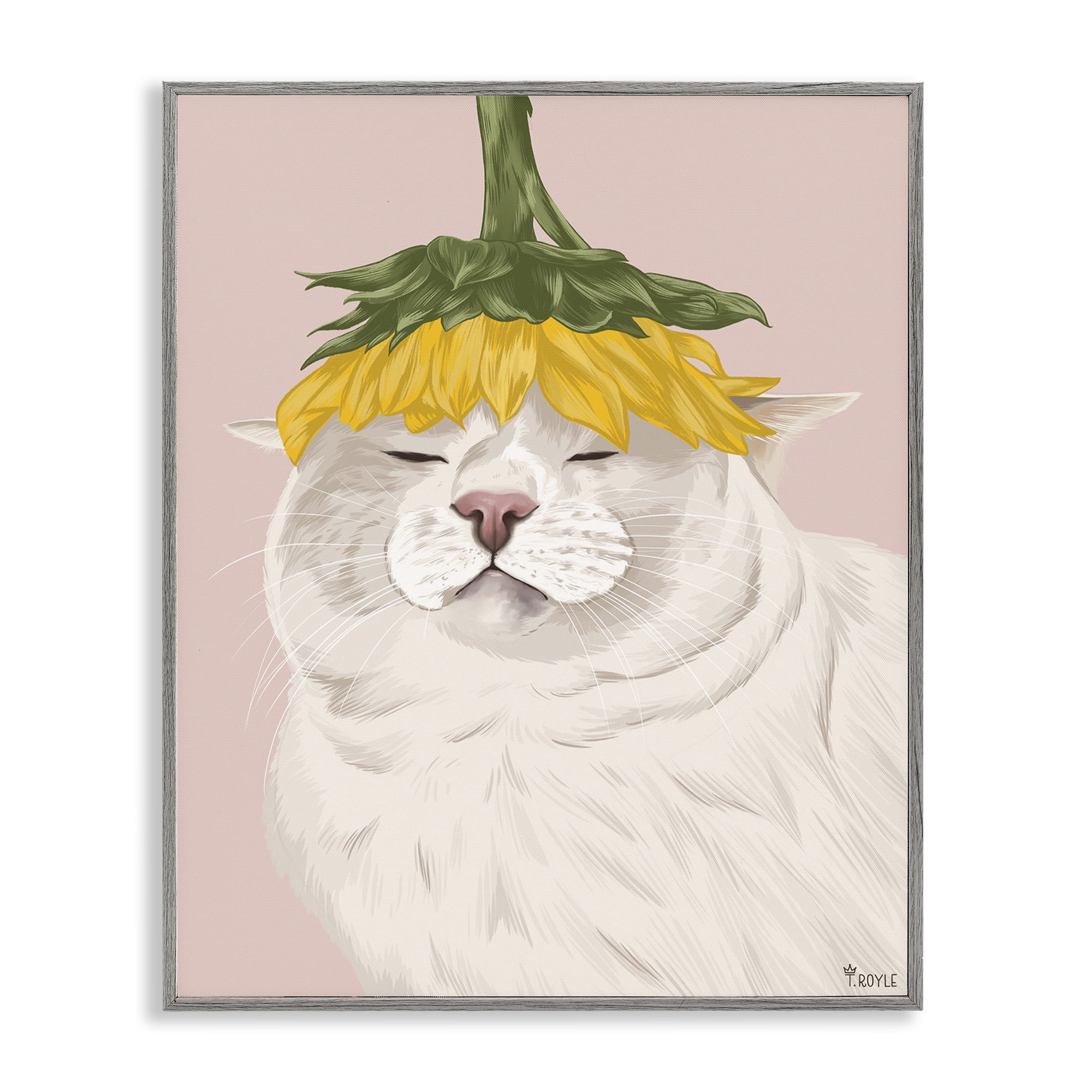 Stupell Industries Cat with Daisy on Head Animals & Insects Painting Gray Framed Art Print Wall Art, 11 x 14
