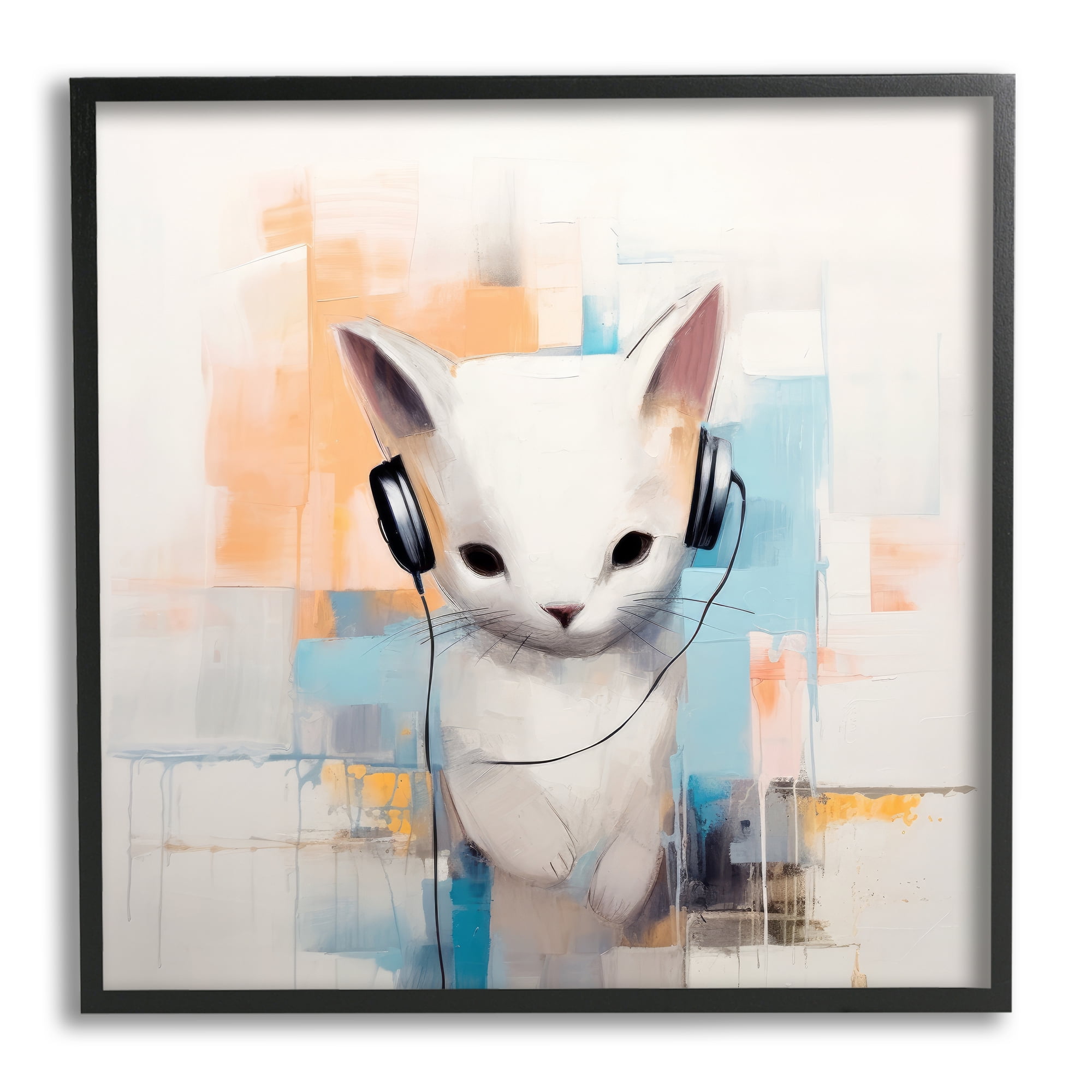 Stupell Industries Cat with Headphones Abstract Animals & Insects Painting Black Framed Art Print Wall Art, 24 x 24