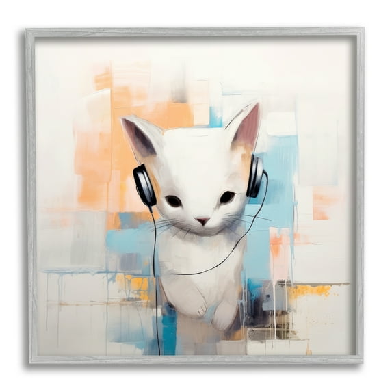 Stupell Industries Cat with Headphones Abstract Animals & Insects Painting Gray Framed Art Print Wall Art, 12 x 12
