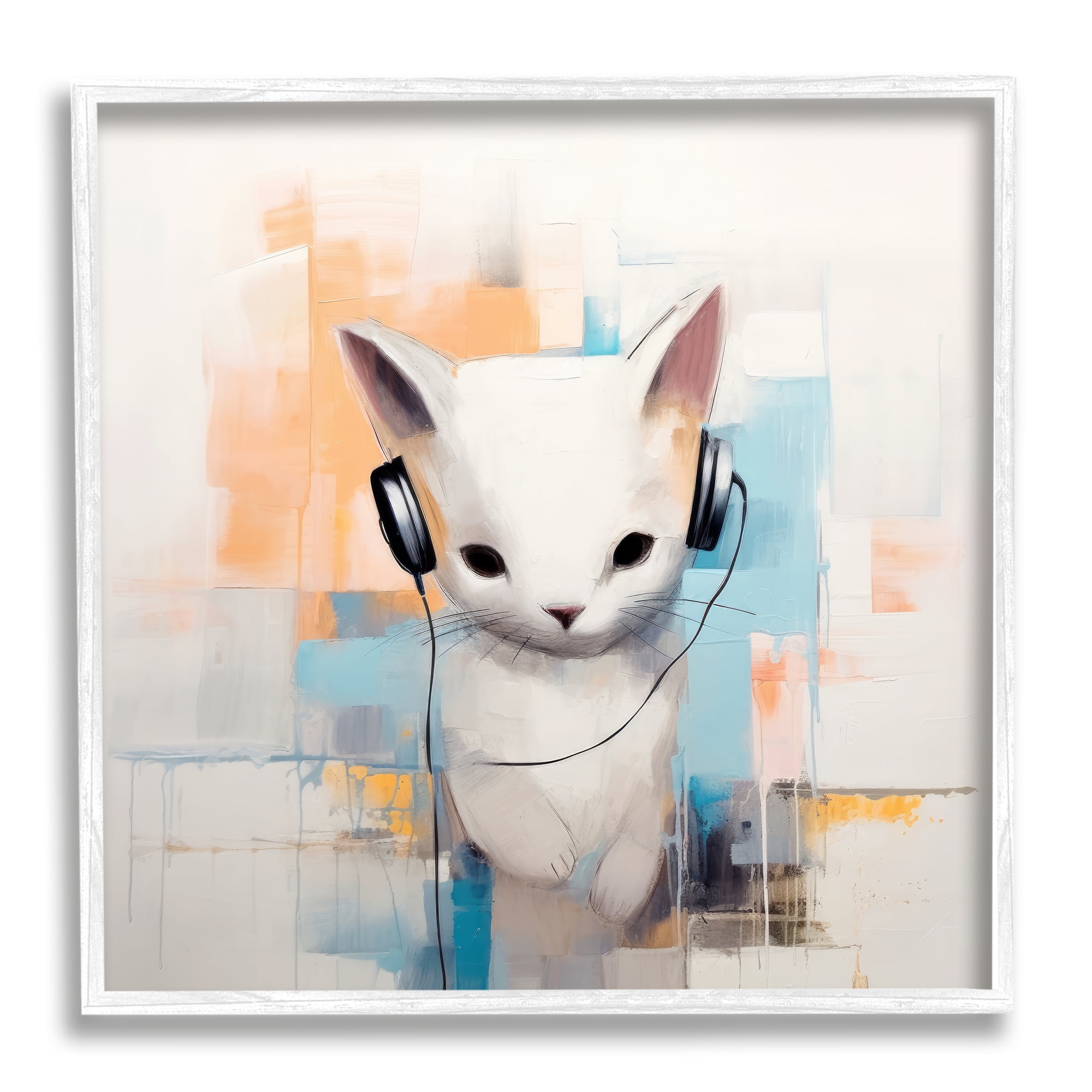 Stupell Industries Cat with Headphones Abstract Animals & Insects Painting White Framed Art Print Wall Art, 24 x 24