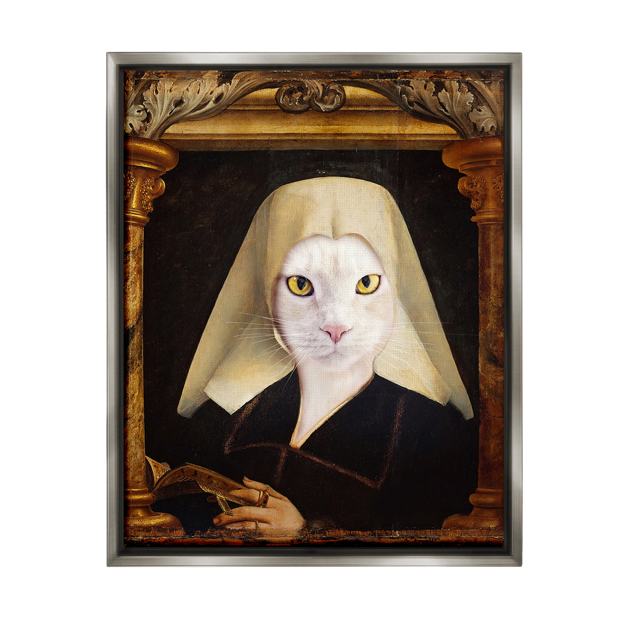 Stupell Industries Cat with Ornate Arch Animals & Insects Painting Gray Floater Framed Canvas Art Print Wall Art, 25 x 31