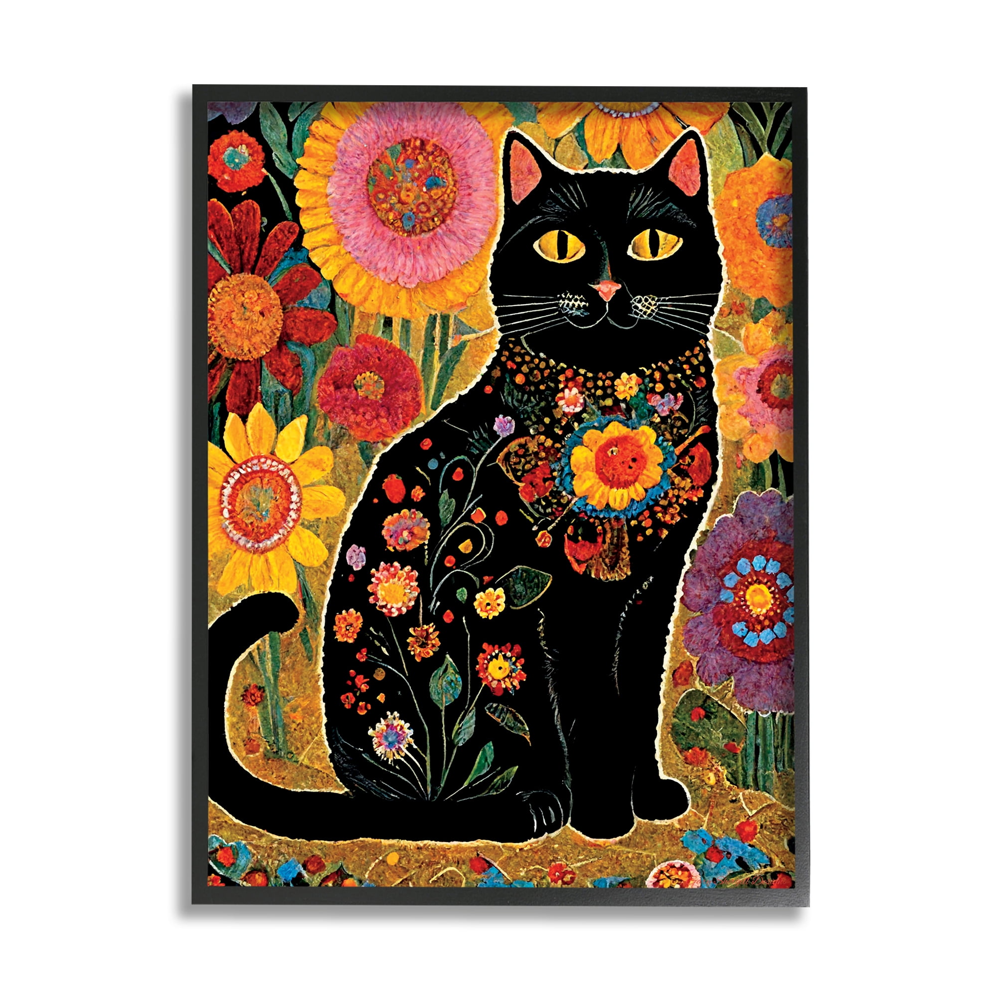 Stupell Industries Cat with Patterned Florals Animals & Insects Painting Black Framed Art Print Wall Art, 16 x 20