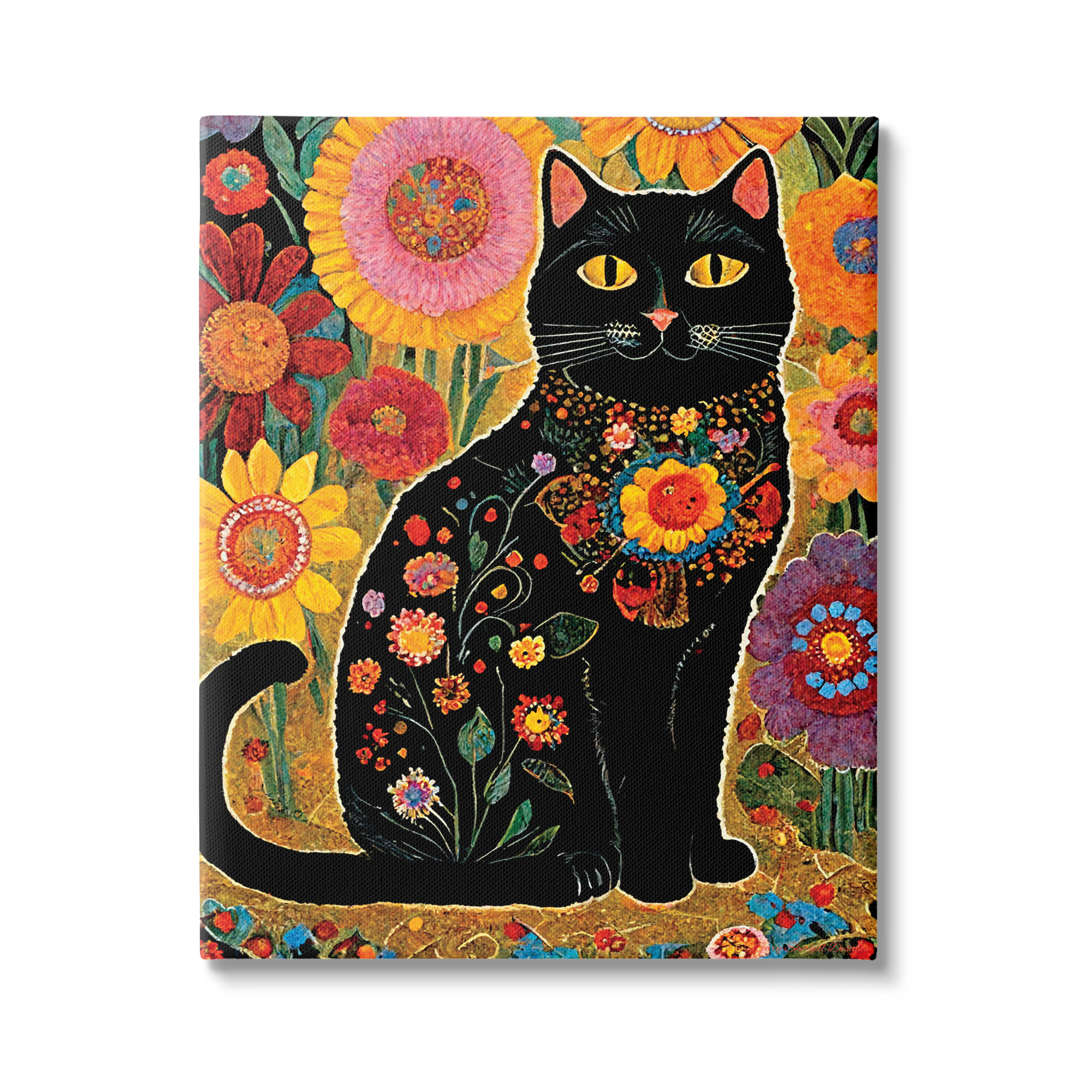 Stupell Industries Cat with Patterned Florals Animals & Insects Painting Gallery Wrapped Canvas Art Print Wall Art, 16 x 20