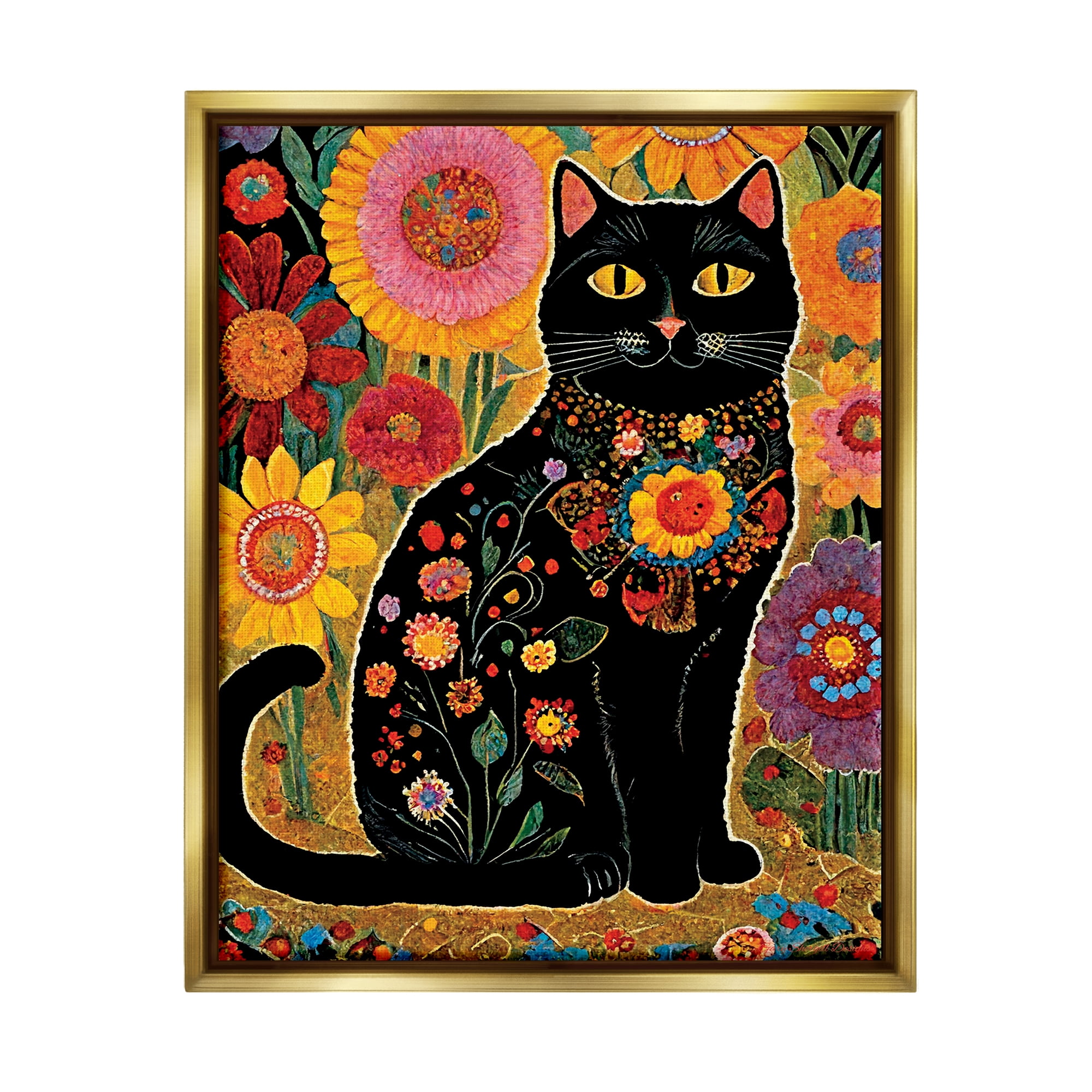 Stupell Industries Cat with Patterned Florals Animals & Insects Painting Gold Floater Framed Canvas Art Print Wall Art, 25 x 31