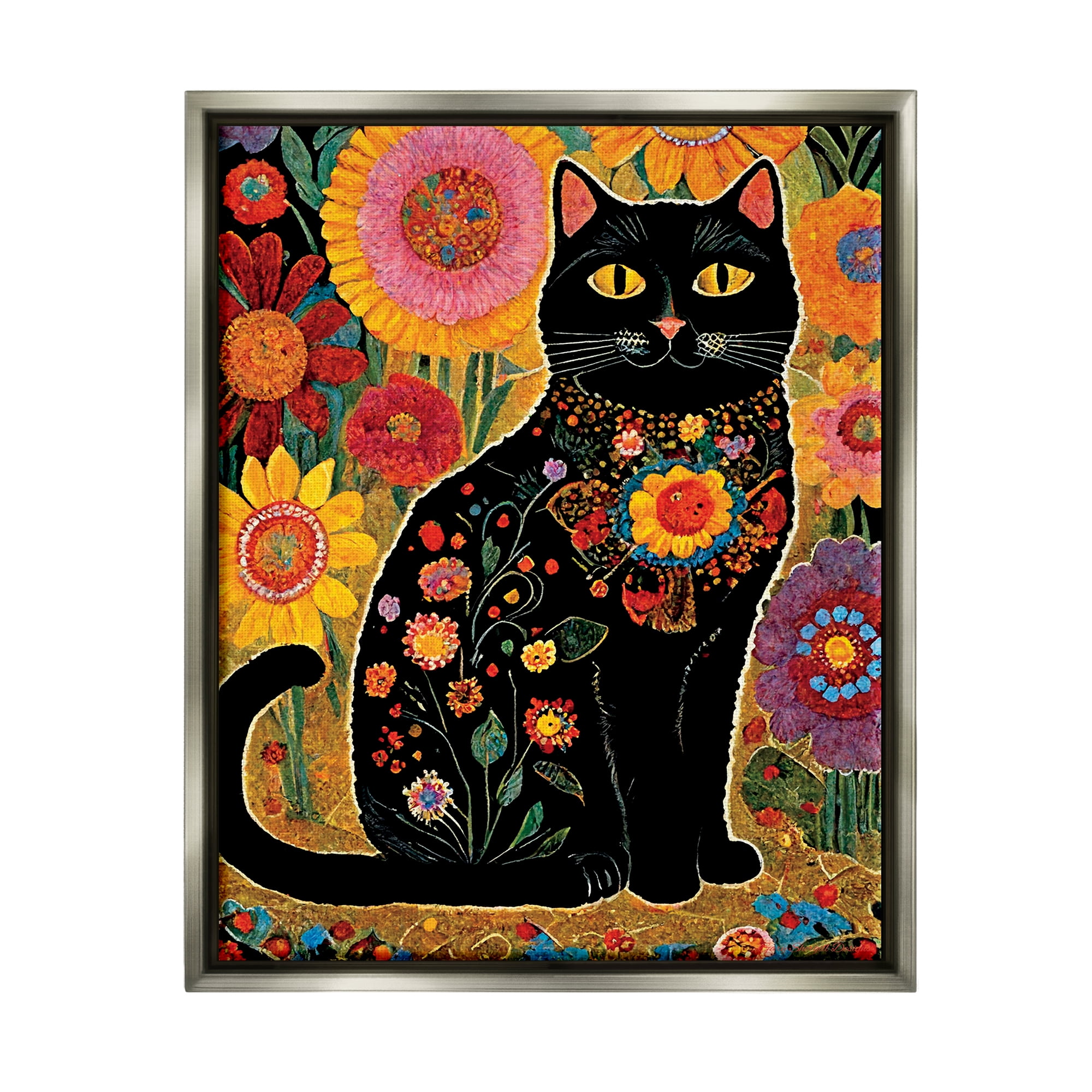 Stupell Industries Cat with Patterned Florals Animals & Insects Painting Gray Floater Framed Canvas Art Print Wall Art, 17 x 21