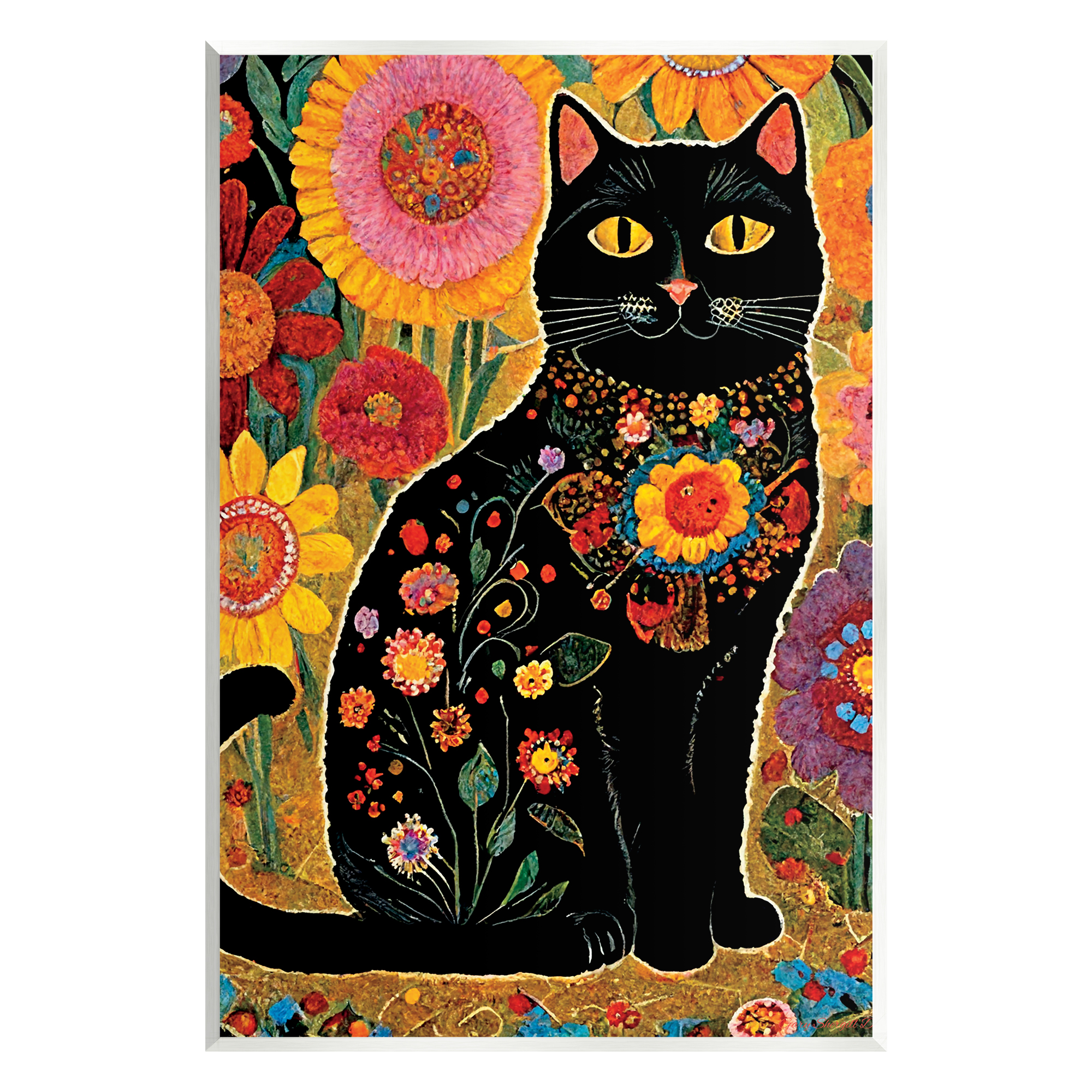 Stupell Industries Cat with Patterned Florals Animals & Insects Painting Unframed Art Print Wall Art, 10 x 15