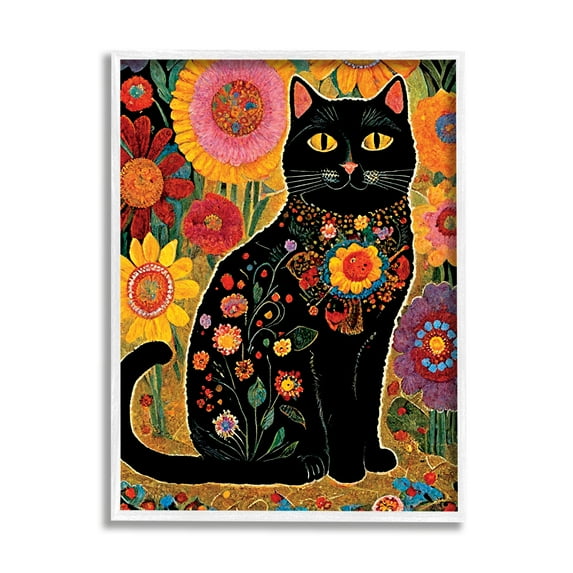 Stupell Industries Cat with Patterned Florals Animals & Insects Painting White Framed Art Print Wall Art, 16 x 20
