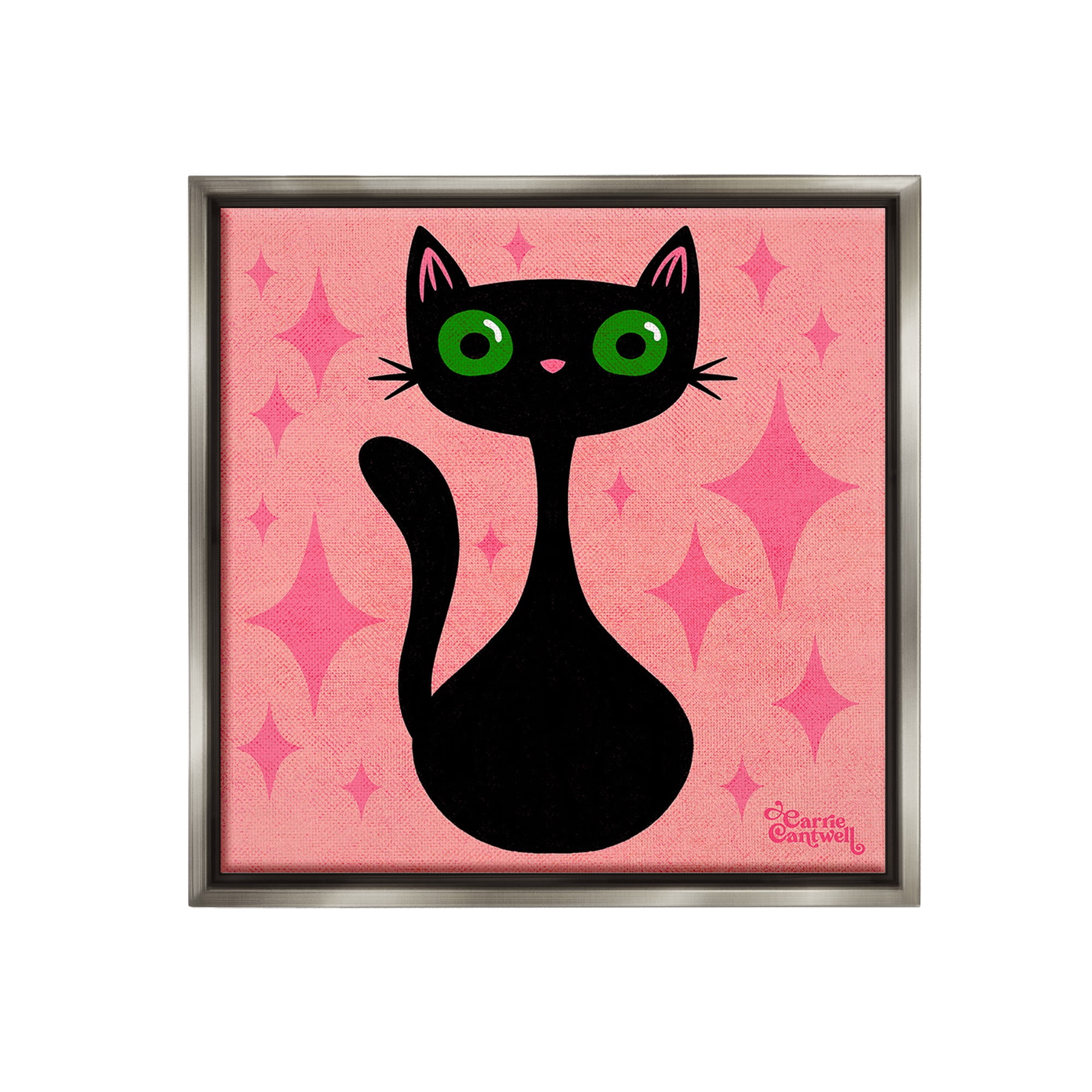 Stupell Industries Cat with Pink Diamonds Animals & Insects Painting Gray Floater Framed Canvas Art Print Wall Art, 18 x 18
