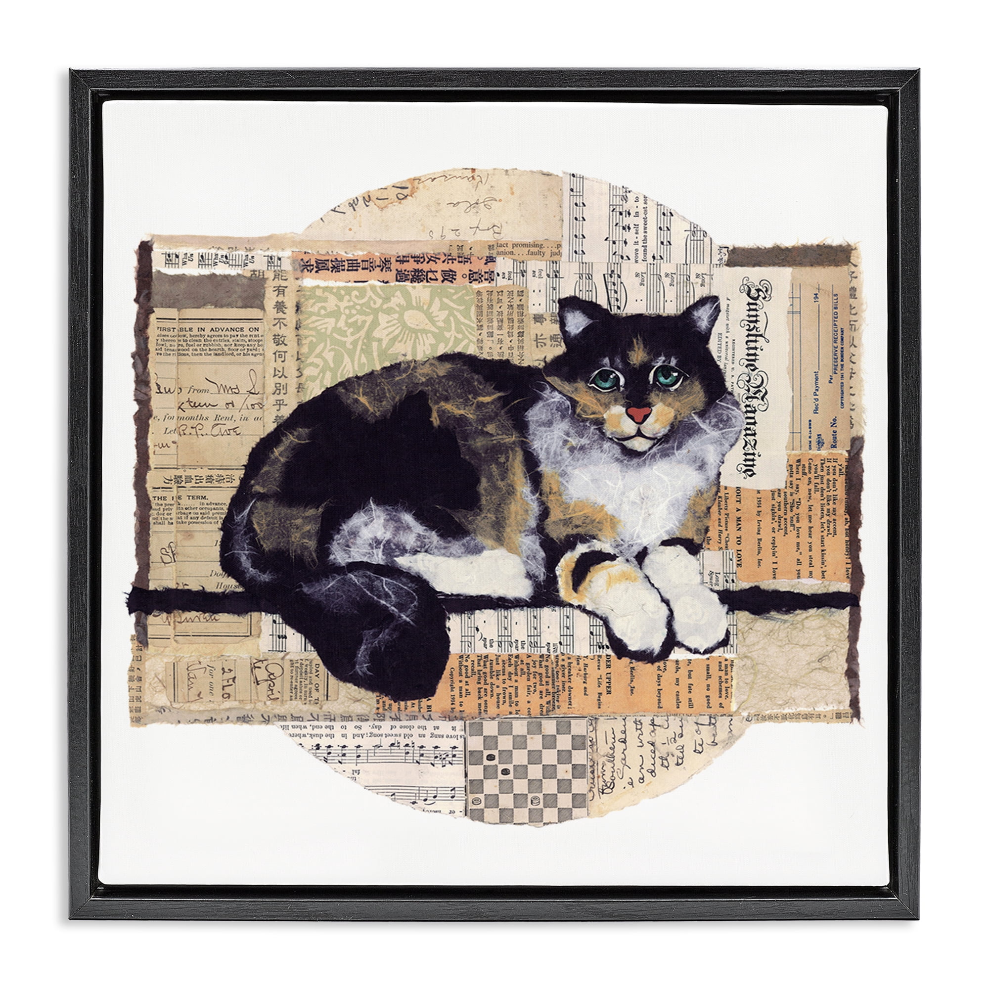 Stupell Industries Cat with Vintage Collage Animals & Insects Painting Black Floater Framed Canvas Art Print Wall Art, 18 x 18