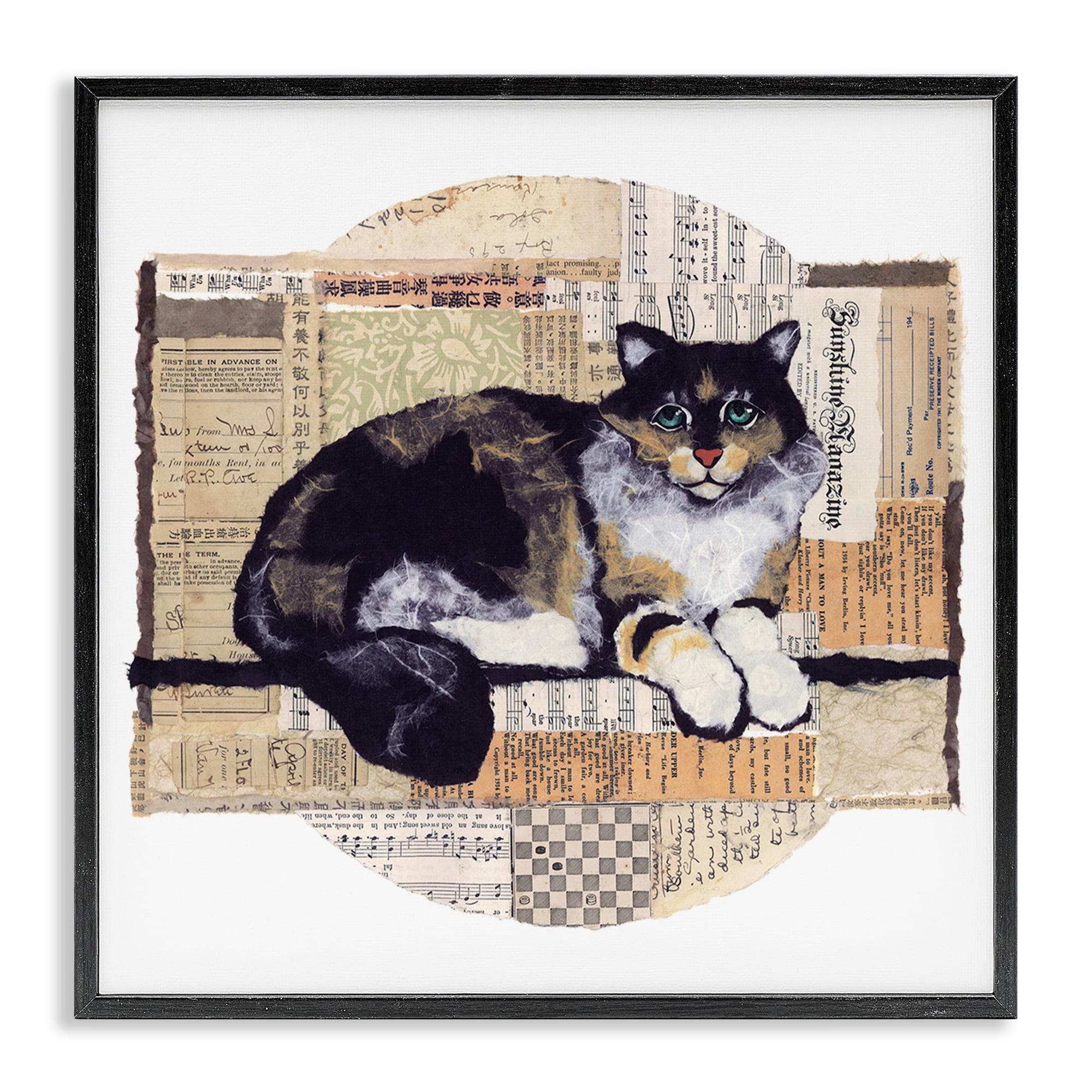 Stupell Industries Cat with Vintage Collage Animals & Insects Painting Black Framed Art Print Wall Art, 24 x 24