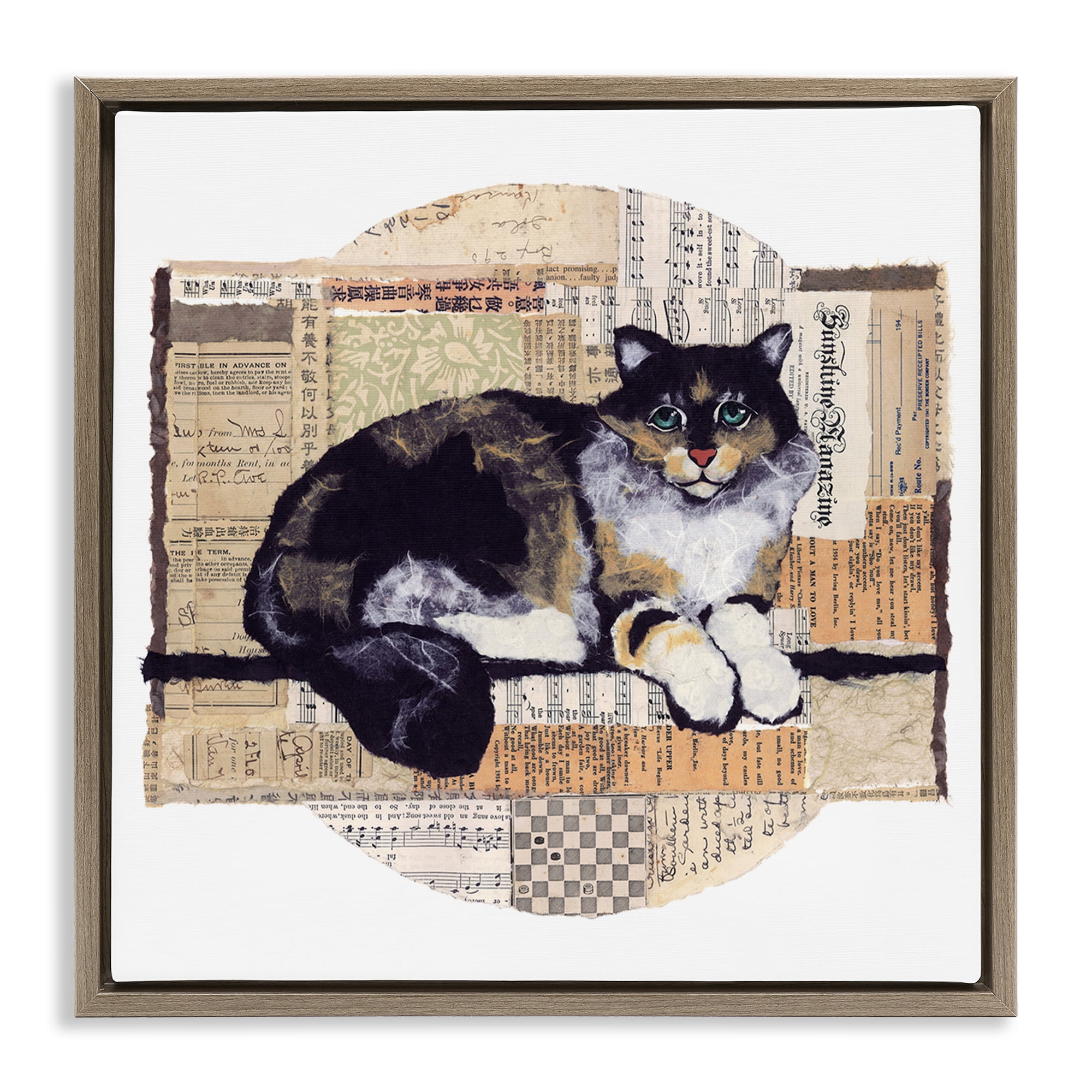 Stupell Industries Cat with Vintage Collage Animals & Insects Painting Brown Floater Framed Canvas Art Print Wall Art, 25 x 25