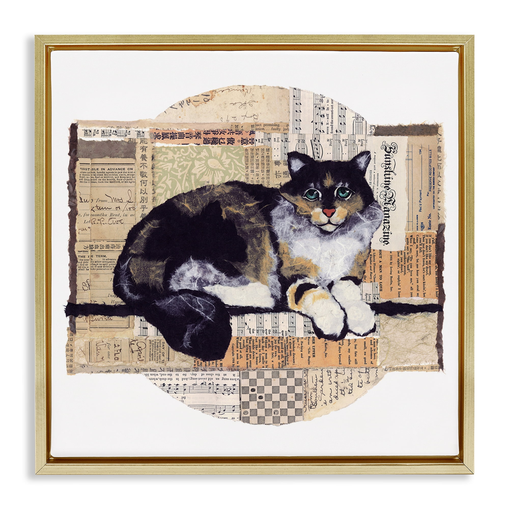 Stupell Industries Cat with Vintage Collage Animals & Insects Painting Gold Floater Framed Canvas Art Print Wall Art, 25 x 25