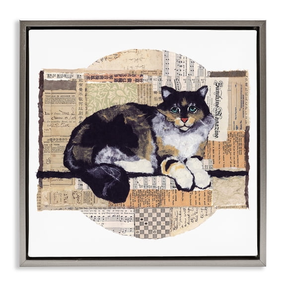 Stupell Industries Cat with Vintage Collage Animals & Insects Painting Gray Floater Framed Canvas Art Print Wall Art, 25 x 25