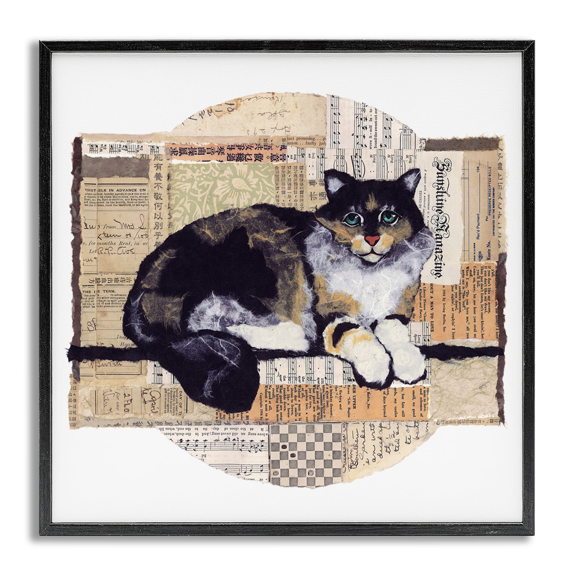 Stupell Industries Cat with Vintage Collage Animals & Insects Painting Gray Framed Art Print Wall Art, 12 x 12