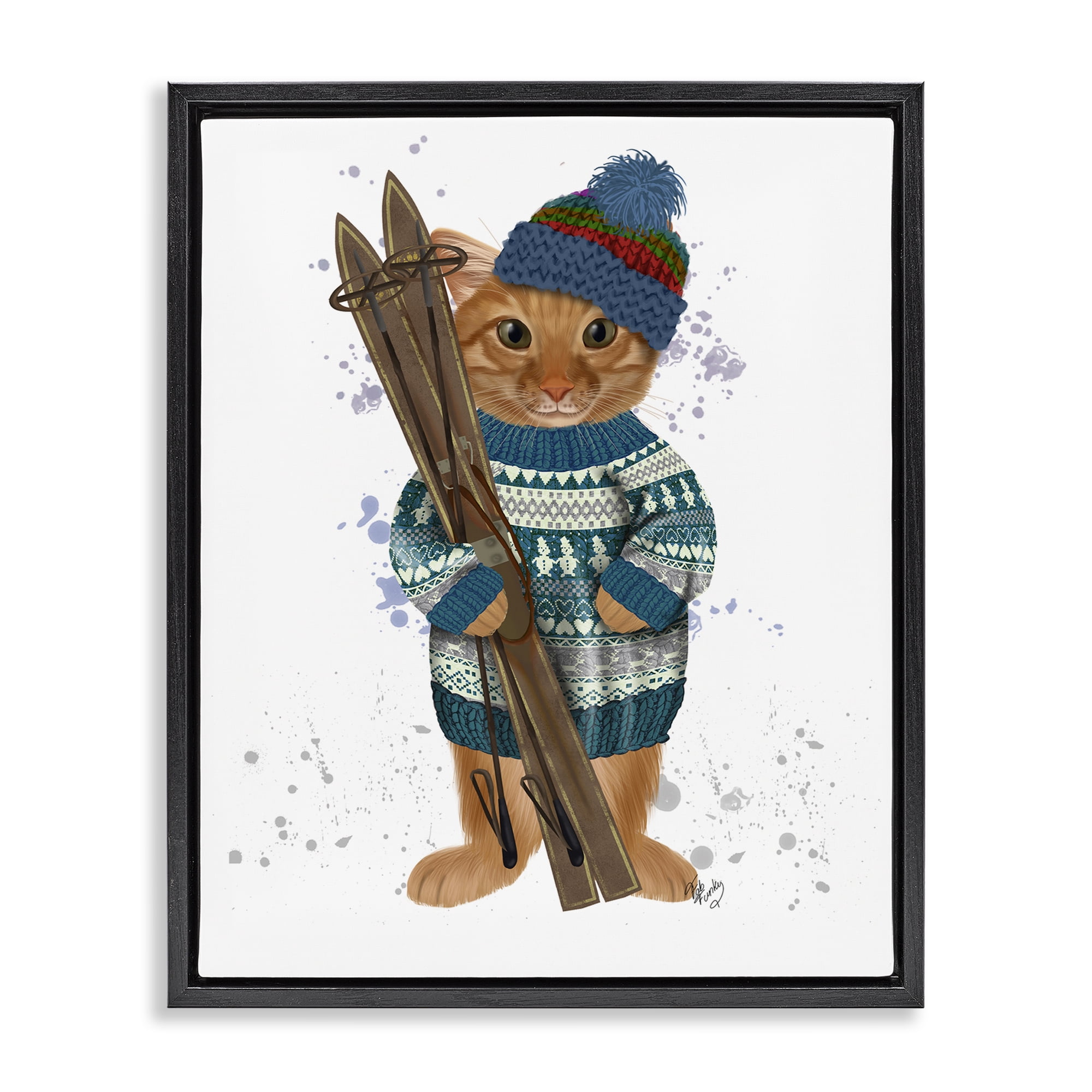 Stupell Industries Cat with Winter Skis Animals & Insects Painting Black Floater Framed Canvas Art Prints Wall Art, 17 x 21