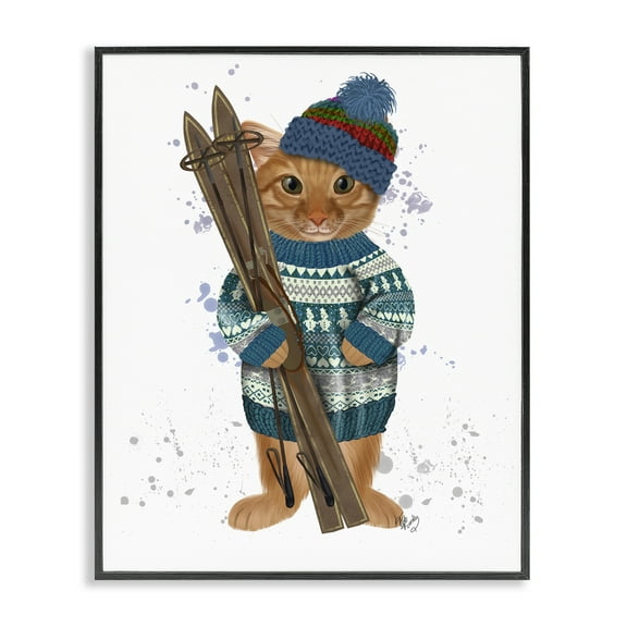 Stupell Industries Cat with Winter Skis Animals & Insects Painting Black Framed Art Prints Wall Art, 11 x 14