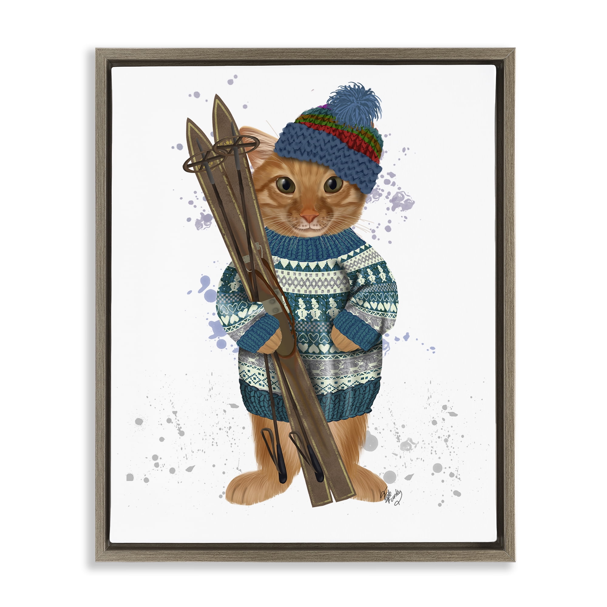 Stupell Industries Cat with Winter Skis Animals & Insects Painting Brown Floater Framed Canvas Art Prints Wall Art, 17 x 21