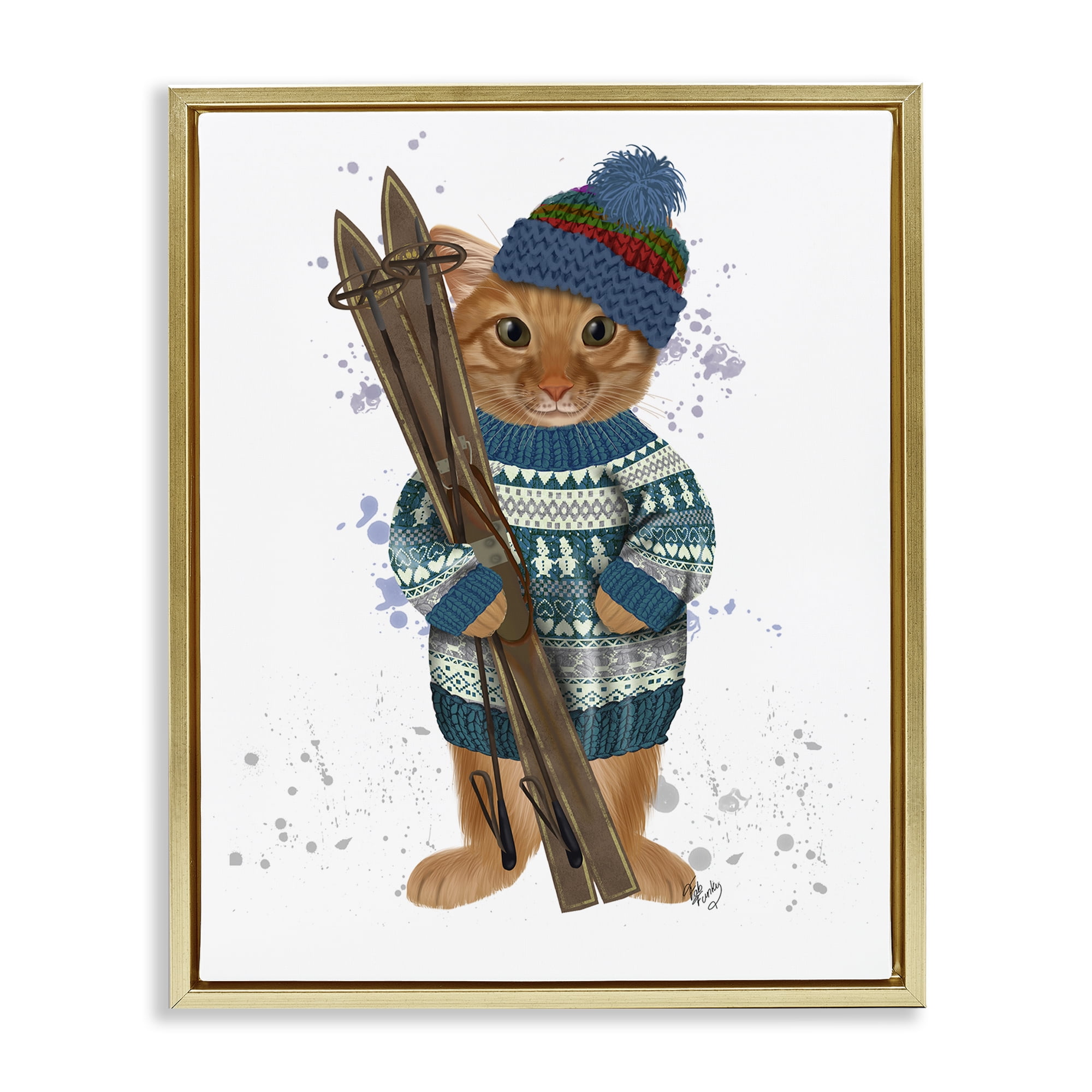 Stupell Industries Cat with Winter Skis Animals & Insects Painting Gold Floater Framed Canvas Art Prints Wall Art, 25 x 31