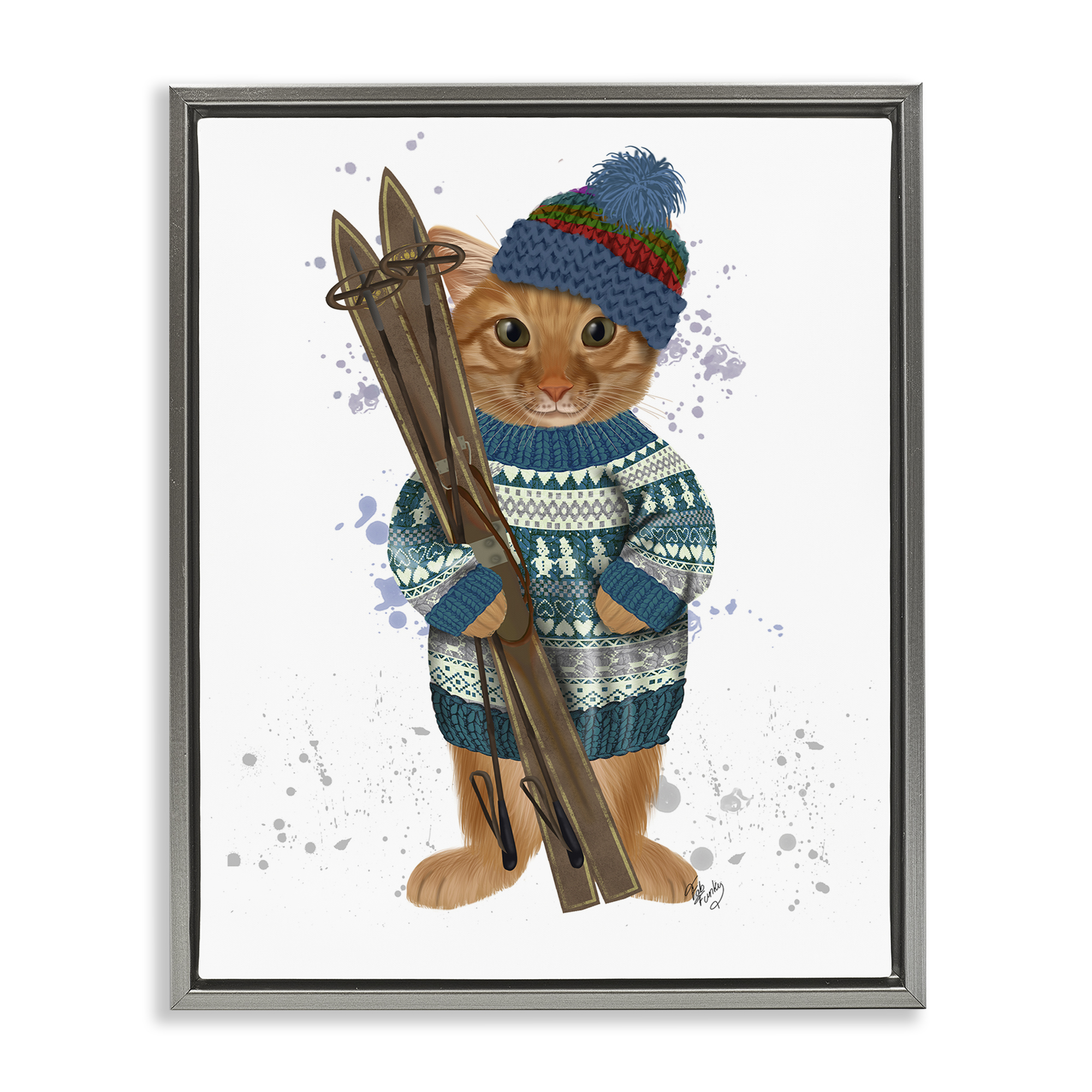 Stupell Industries Cat with Winter Skis Animals & Insects Painting Gray Floater Framed Canvas Art Prints Wall Art, 17 x 21