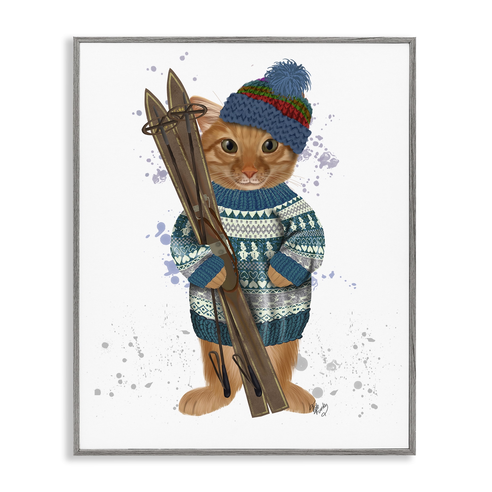 Stupell Industries Cat with Winter Skis Animals & Insects Painting Gray Framed Art Prints Wall Art, 11 x 14