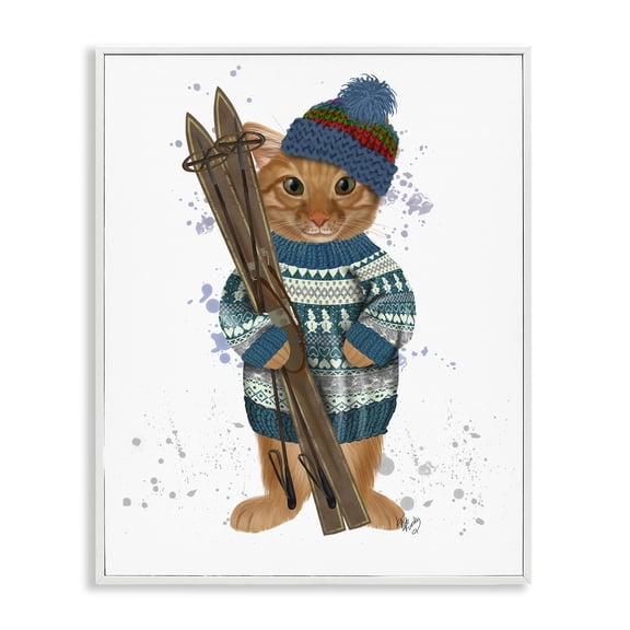 Stupell Industries Cat with Winter Skis Animals & Insects Painting White Framed Art Prints Wall Art, 24 x 30