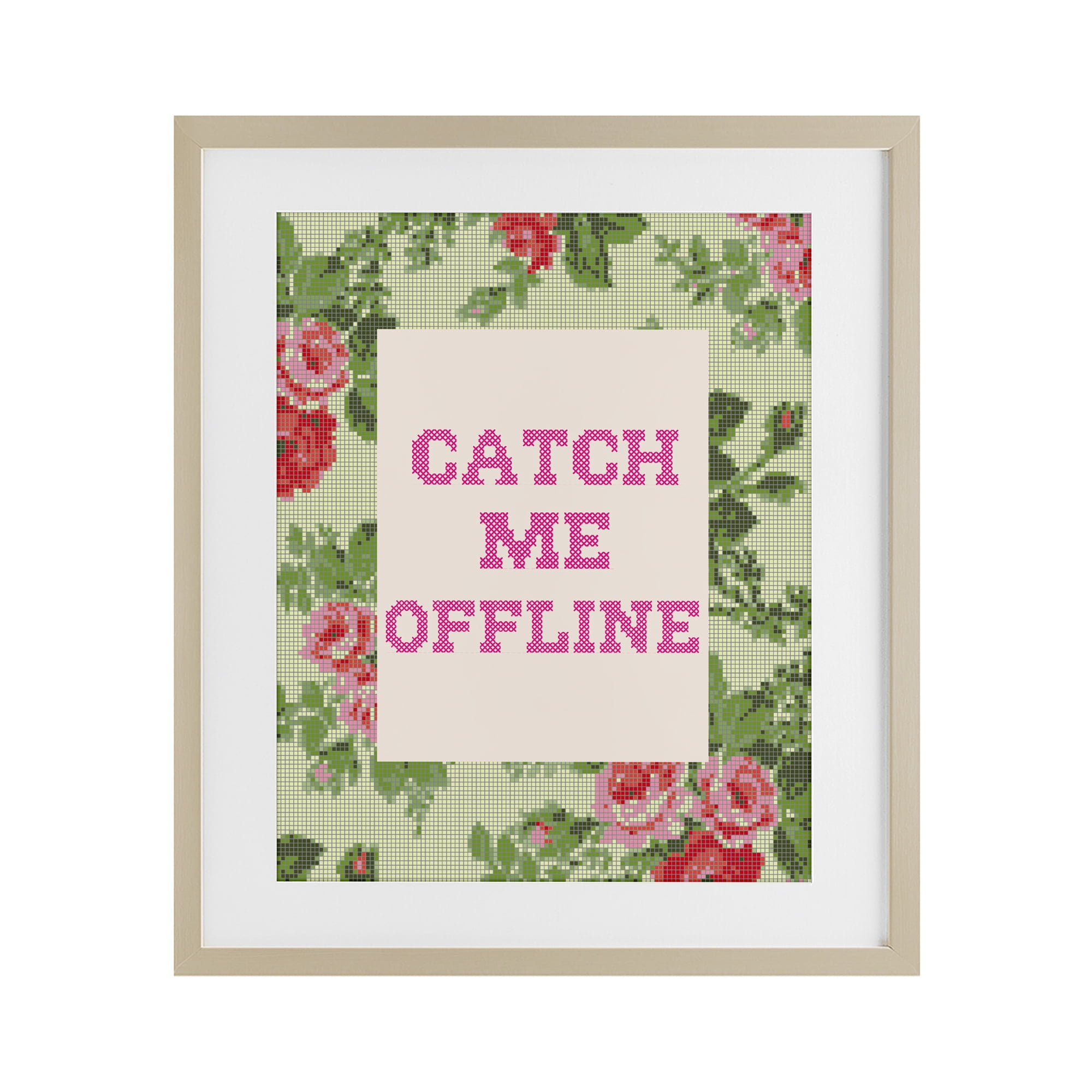 Stupell Industries Catch Me Offline Faux Cross Stitch Birch Framed Print Under Glass, design by Lil' Rue