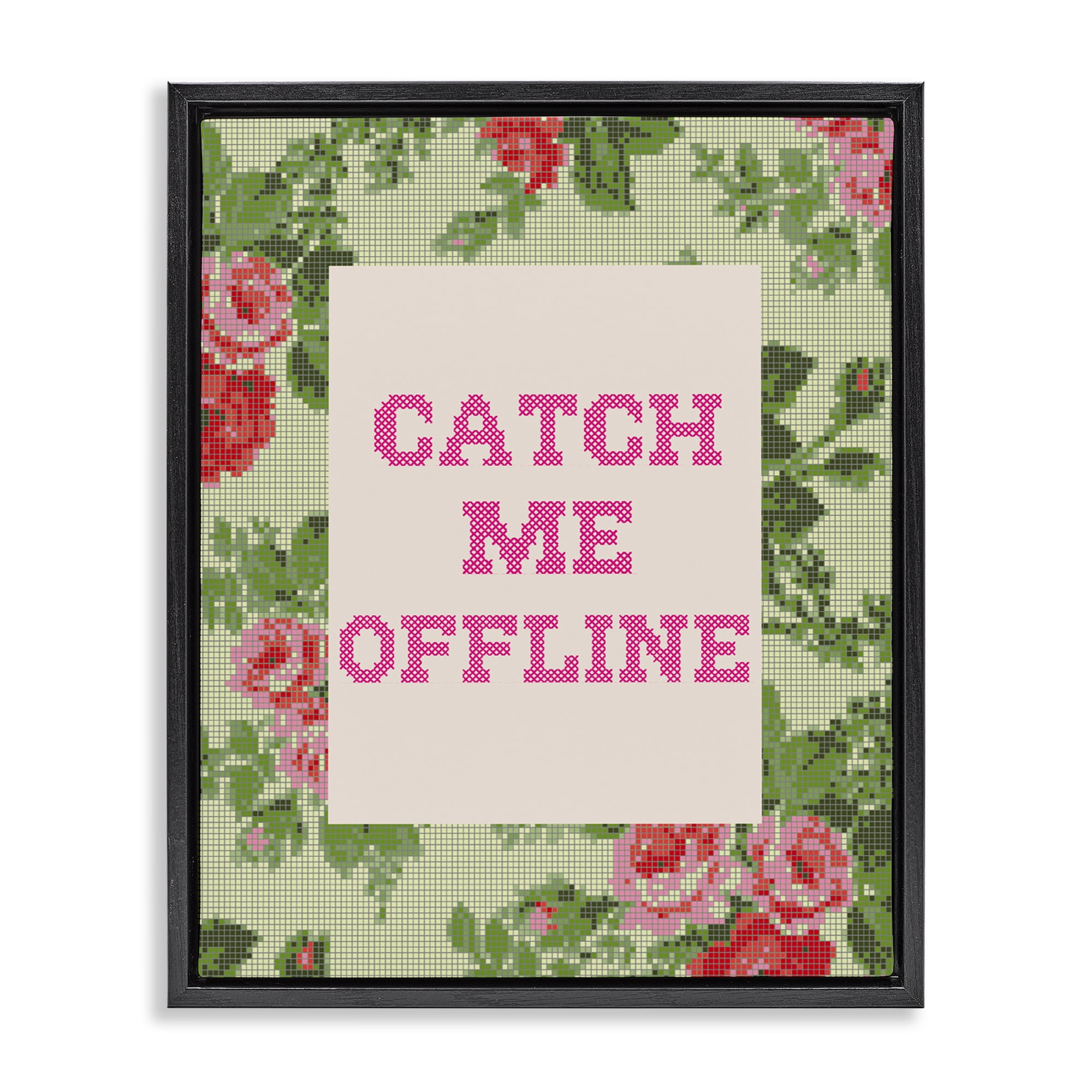 Stupell Industries Catch Me Offline Faux Cross Stitch Black Framed Floater Canvas Wall Art, design by Lil' Rue