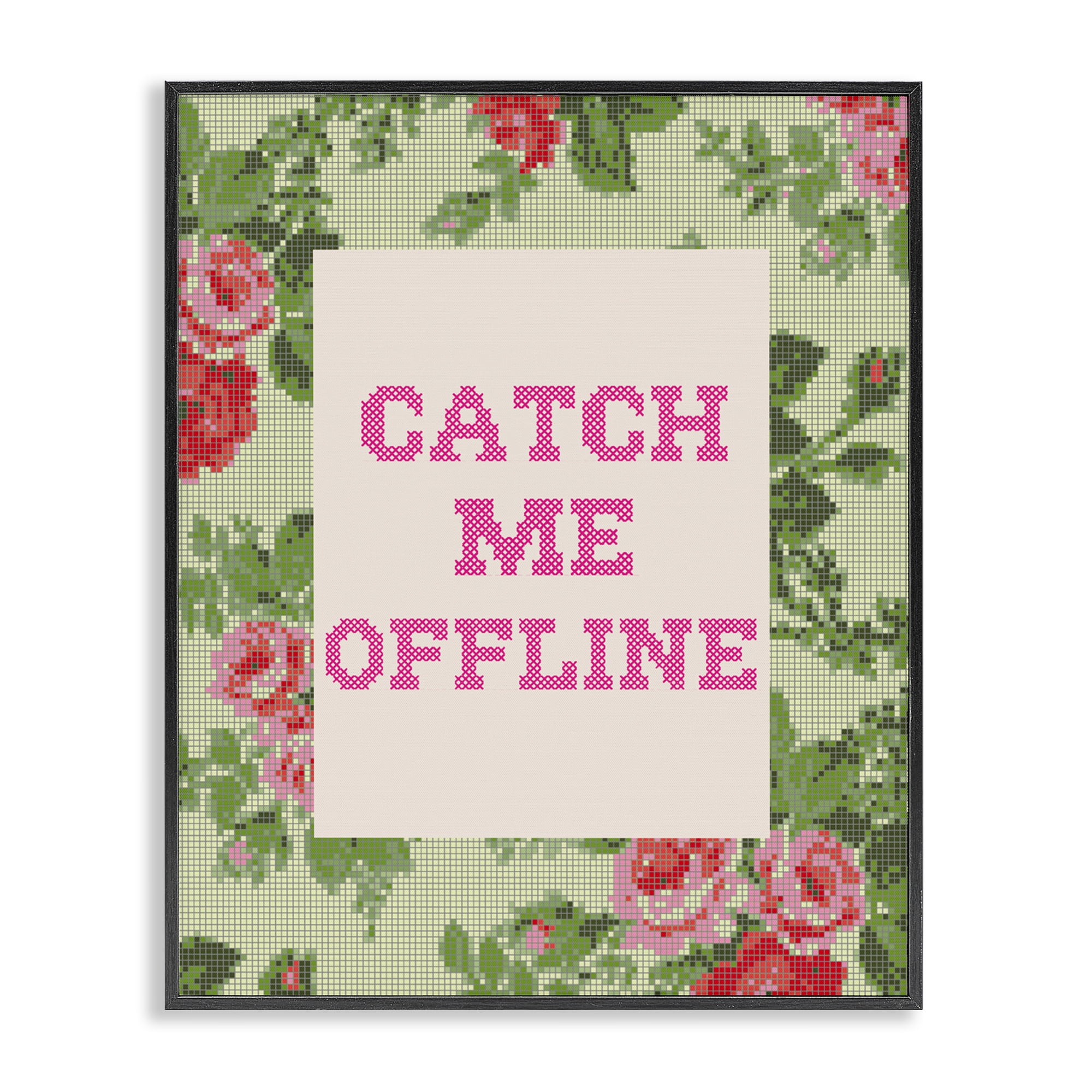 Stupell Industries Catch Me Offline Faux Cross Stitch Black Framed Giclee Art, design by Lil' Rue