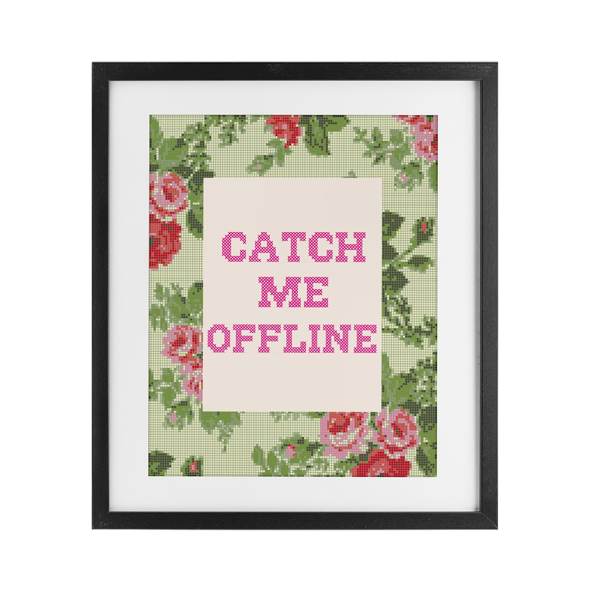 Stupell Industries Catch Me Offline Faux Cross Stitch Black Framed Print Under Glass, design by Lil' Rue