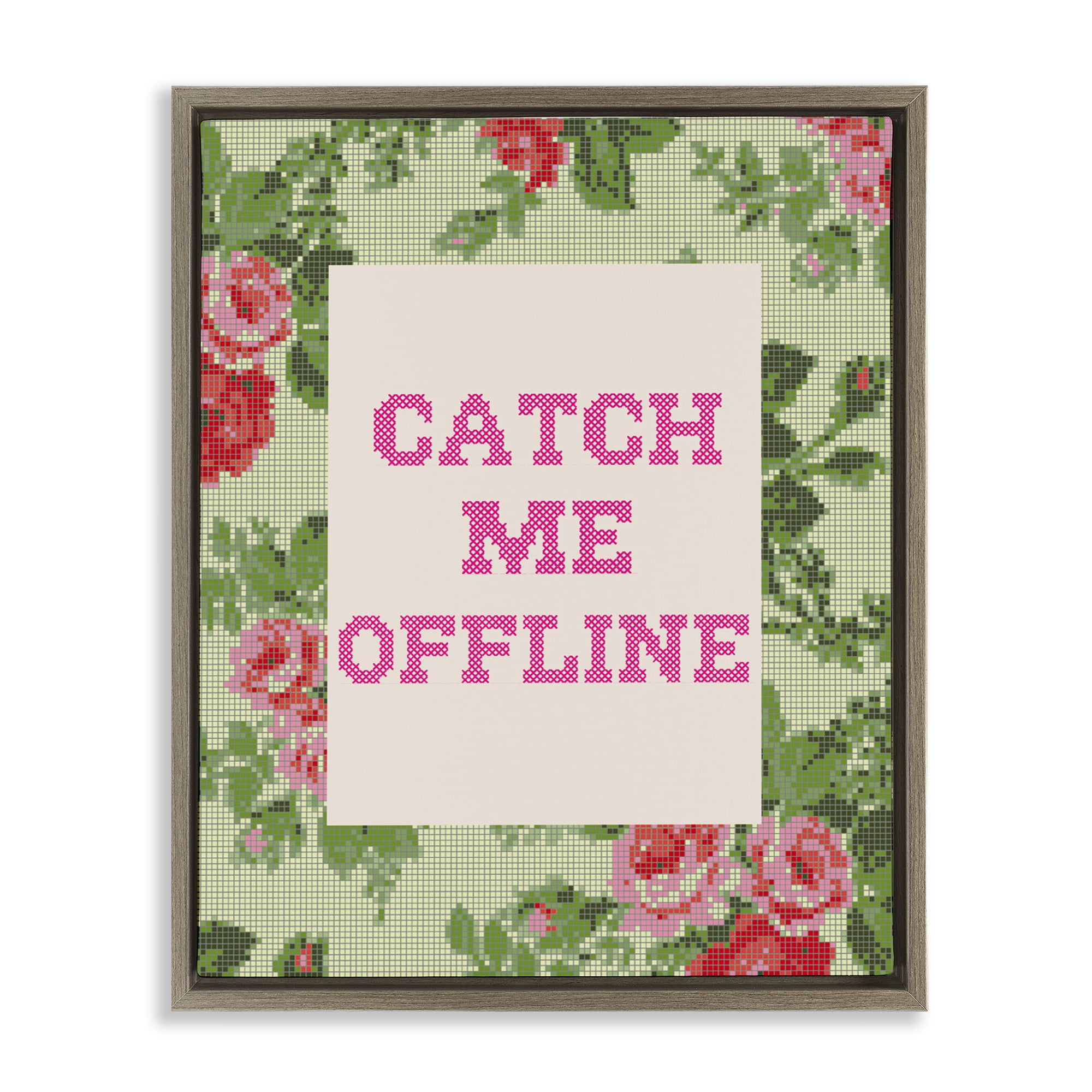 Stupell Industries Catch Me Offline Faux Cross Stitch Brown Framed Floater Canvas Wall Art, design by Lil' Rue